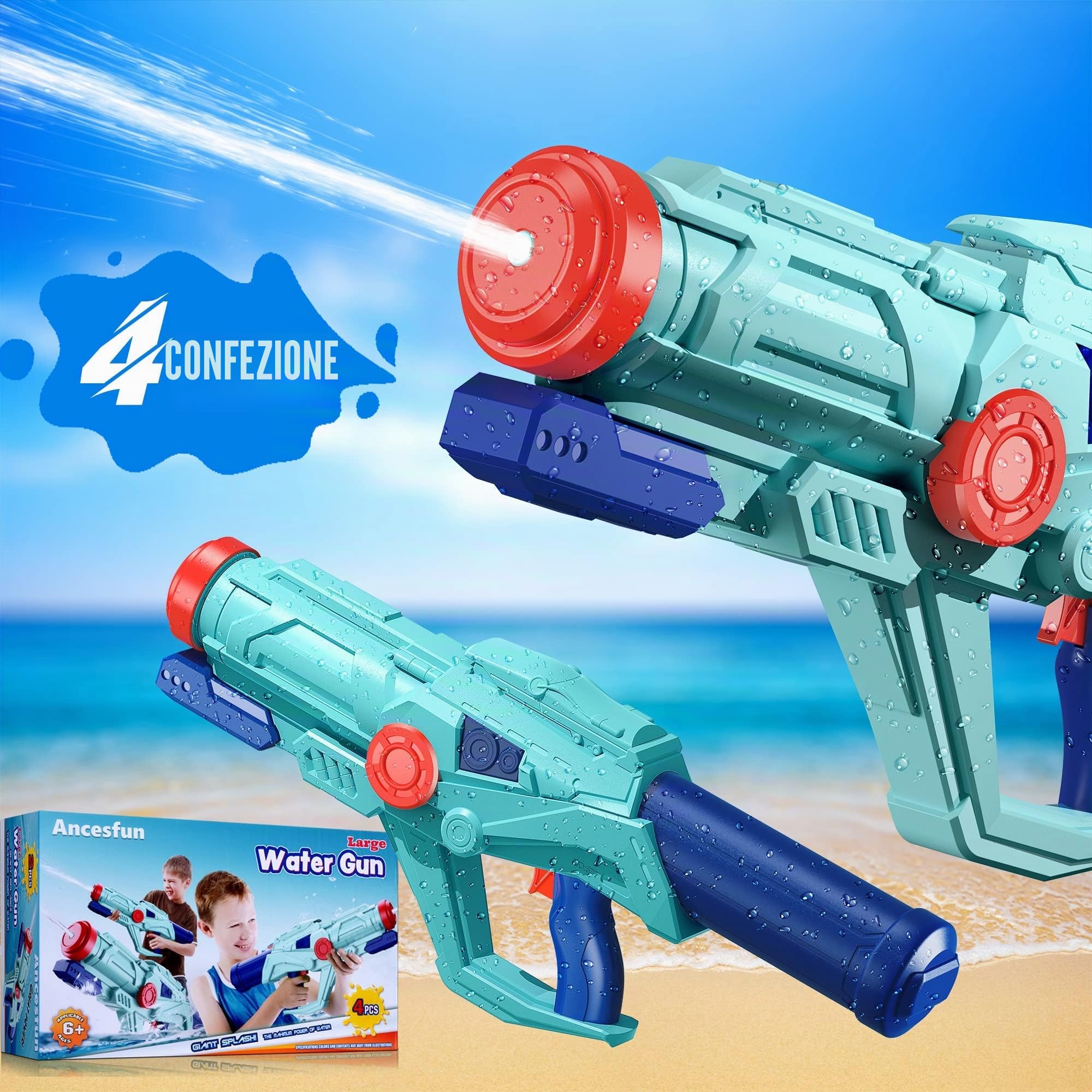 Fucili ad Acqua Grandi 22" per Bambini e Adulti – 4 PCS Water Soaker Guns con Serbatoio da 750ML – Portata Potente fino a 8-10M – Divertente Gioco Estivo per Esterno, Piscina e Mare