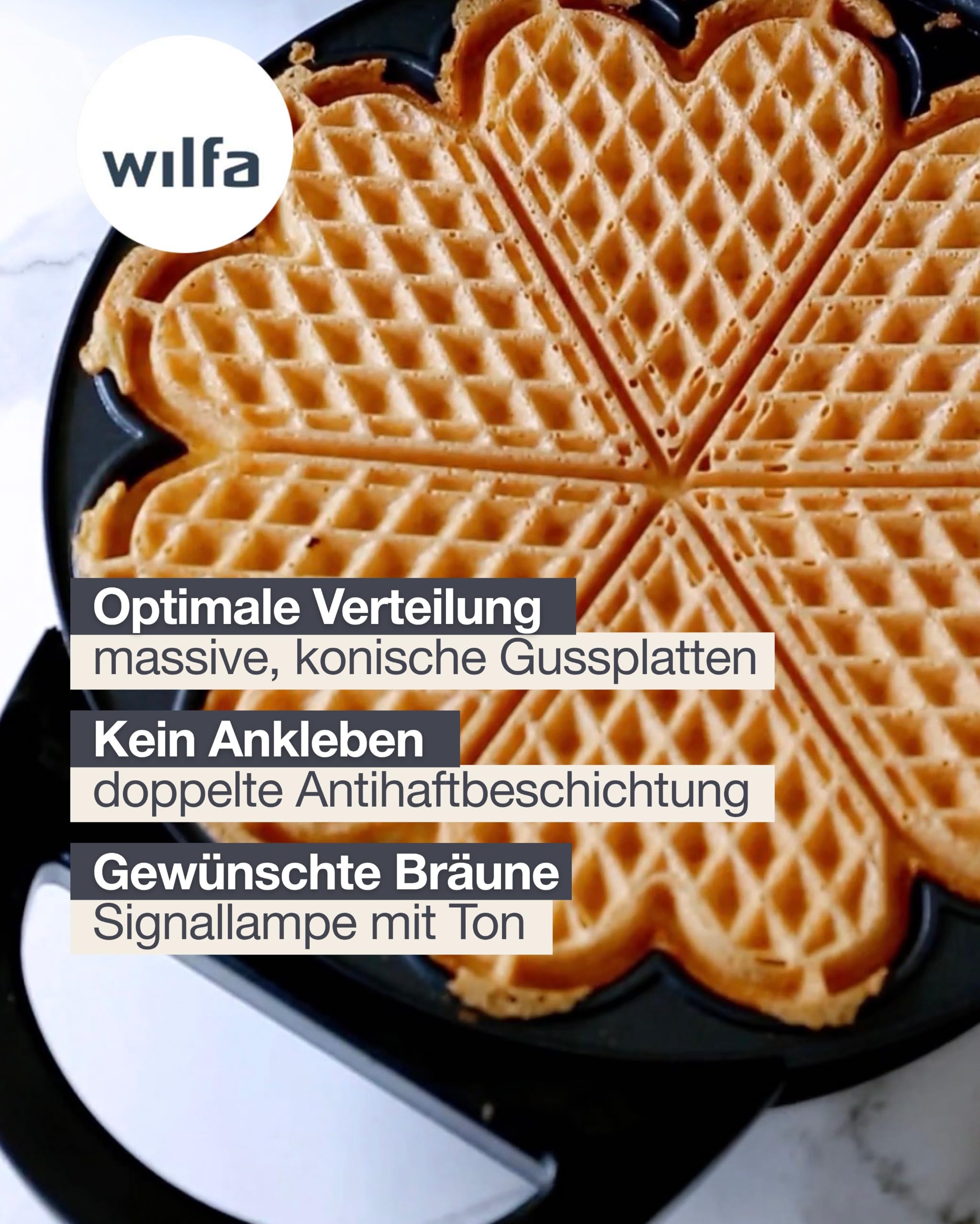 Wilfa BELL Waffeleisen I 1400W Power & 21 cm XXL Herzwaffel I Herzwaffeleisen mit 7 Bräunungsstufen, Signalton & doppelte Antihaftbeschichtung I Schnelles Aufheizen & gleichmäßige Bräune