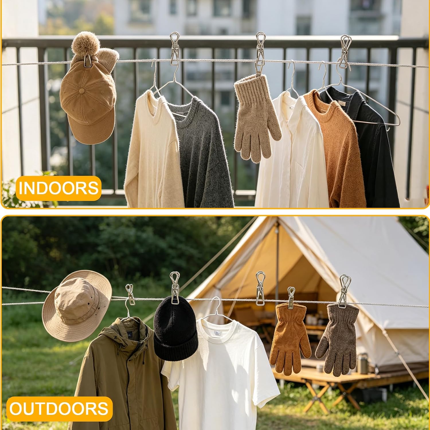 Camping Clothesline, 16.4FT Portable Travel Clothesline with 15 Clips & 2 Hooks, Heavy Duty 2.0mm Steel Wire Rope for Cruise Ship, Hotel Room, RV, Backpacking, Outdoor Gear