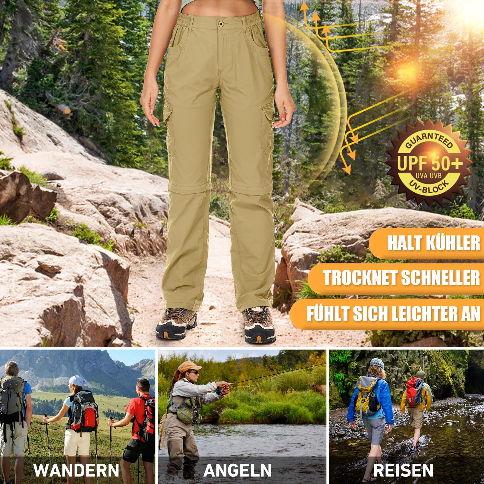 Pantaloni da trekking da donna, con cerniera, traspiranti, da trekking, elasticizzati, rimovibili, per attività all'aria aperta, estivi, per escursioni