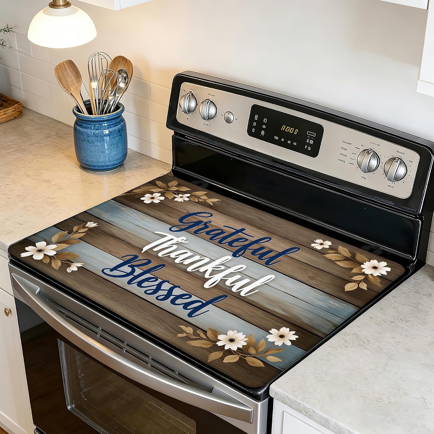 Vintage Woodboard Printed Stove Top Covers for Electric Stove,Rustic Flower Glass Top Stove Cover, Heat Resistant Range Covers for Electric Stove,Washable Countertop Mat, 28 x 20 Inch