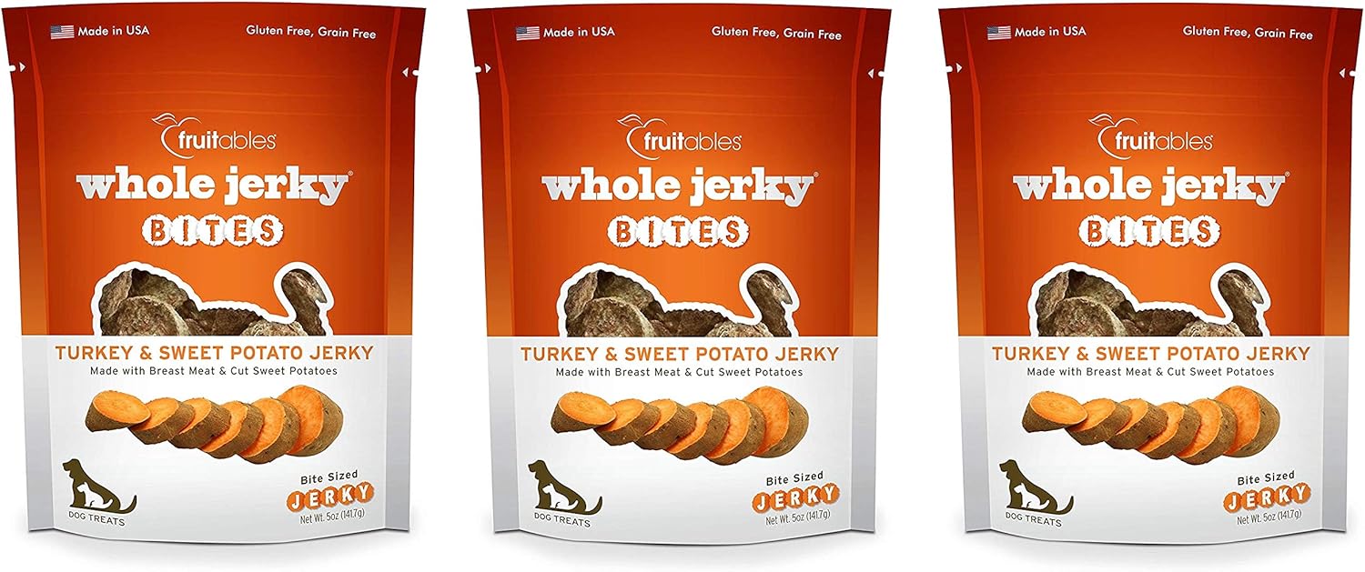 Fruitables 3 Pack of Whole Jerky Bites, 5 Ounces Each, Turkey & Sweet Potato Jerky Dog Treats3