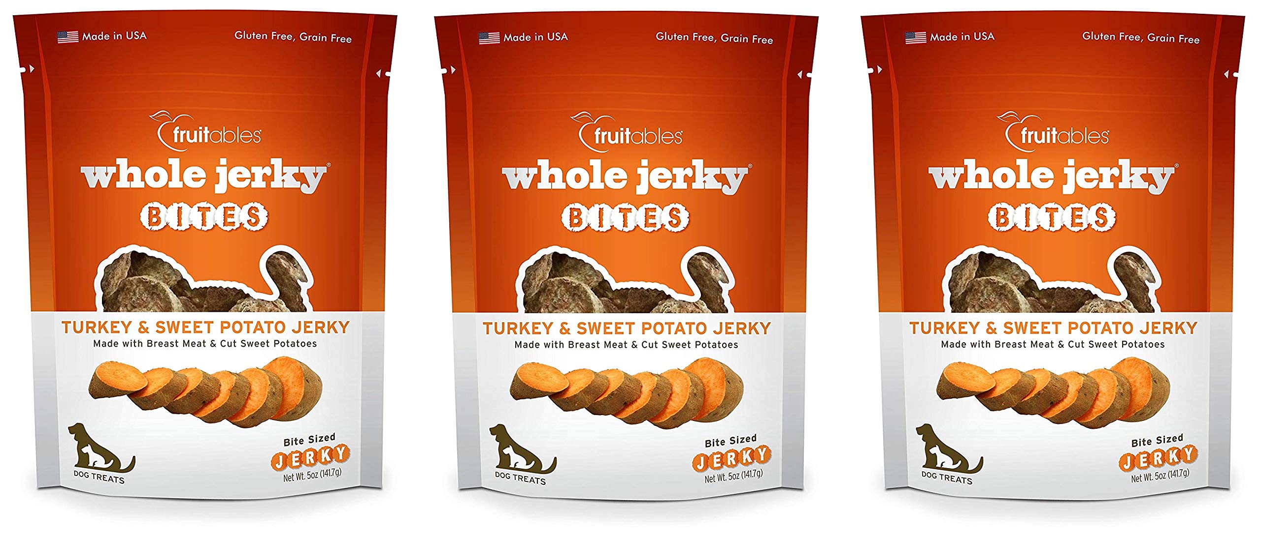 Fruitables 3 Pack of Whole Jerky Bites, 5 Ounces Each, Turkey & Sweet Potato Jerky Dog Treats3