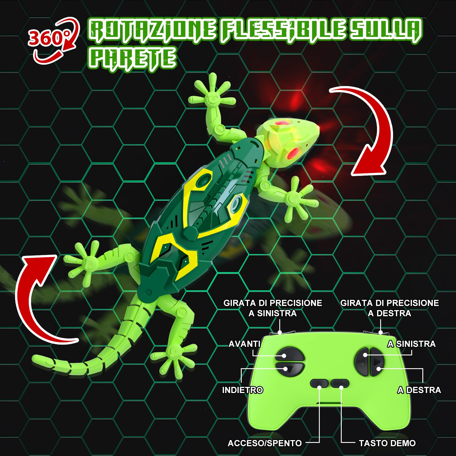 Charmofun Geco Telecomandato, Lucertola Telecomandata con Occhi a Led Luminosi, Movimenti Realistici, Direzione Regolabile, Regali Giocattoli interattiviper para Bambini 4 5 6 7 8+ Anni (Verde)