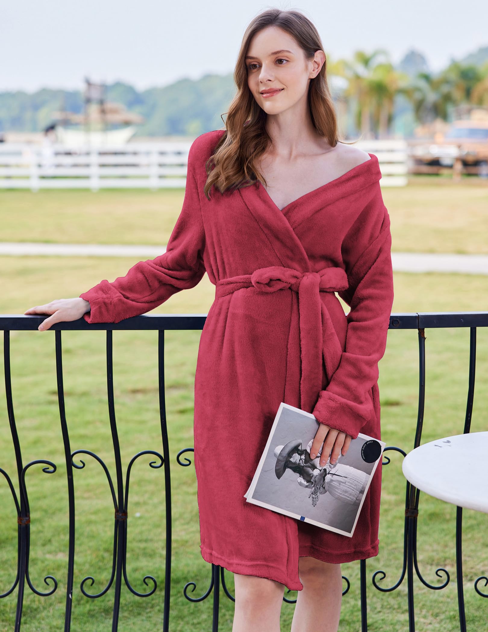 Snapklik.com : Womens Fleece Robes Knee Length Soft Bathrobe V Neck ...