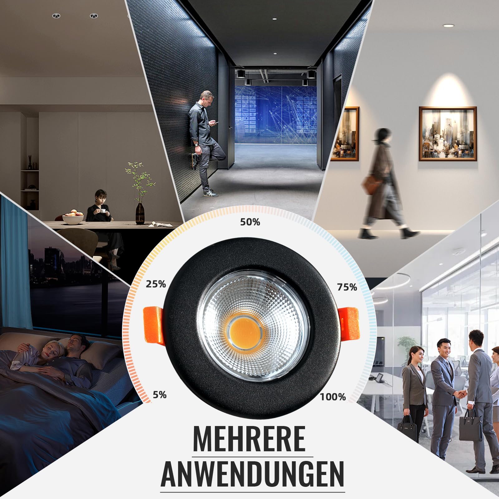 6er LED Einbaustrahler 230V Dimmbar 7W 3000K IP44 Ø65-88mm Schwarz
