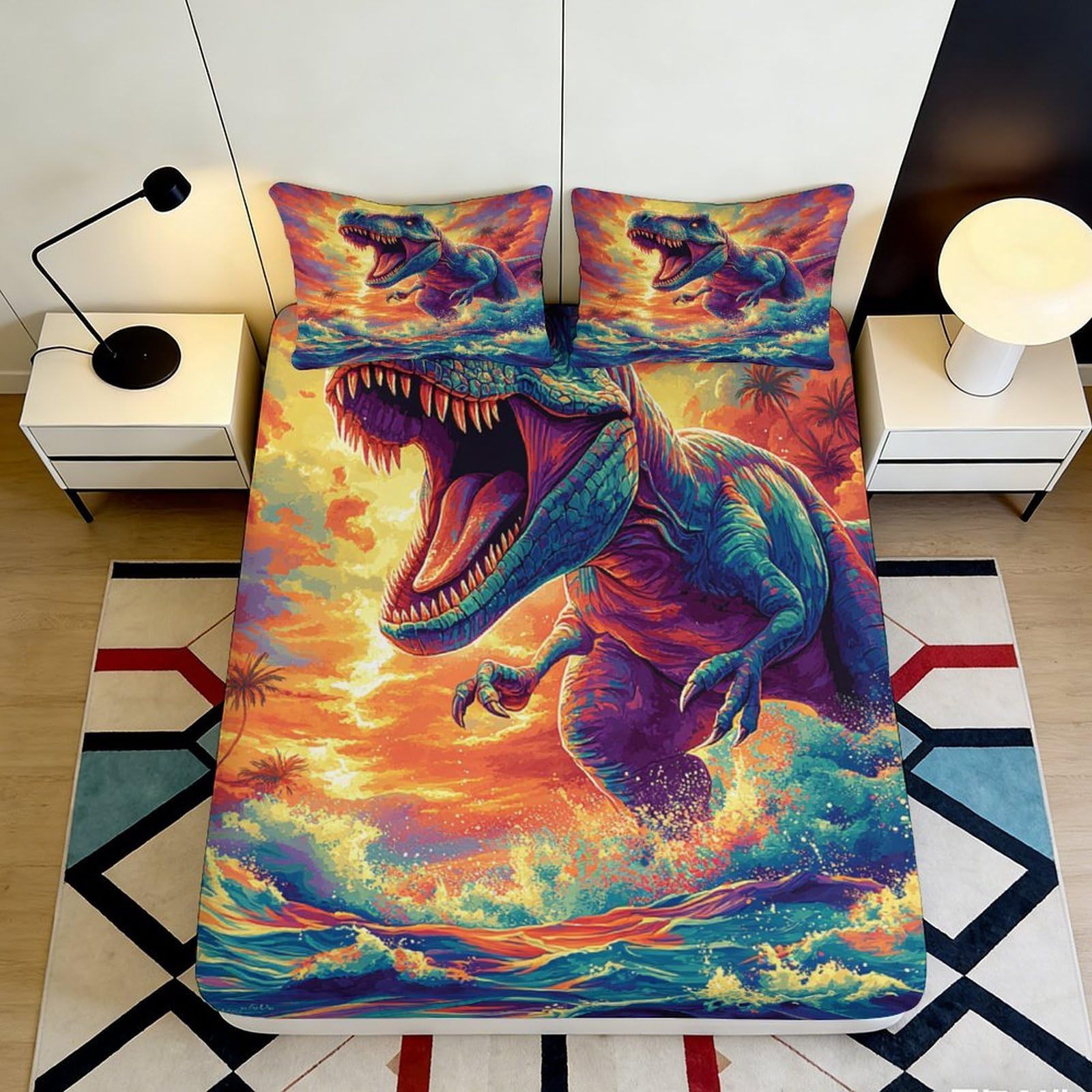 3D Printed Dinosaur Fitted Sheet Microfiber Soft Breathable T-Rex Bed Cover with Colorful Sunset Design Mattress Cover for Bedroom Dormitory Guest Room 160x200x25cm