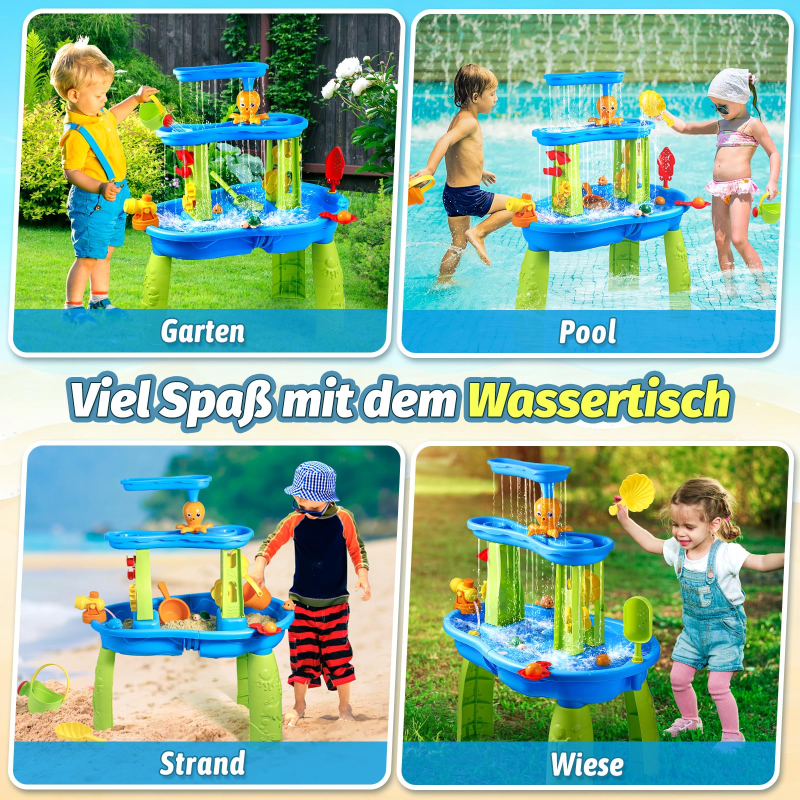 FRUSE Wasserspieltisch für Kinder,3-Tier Wassertisch Spielzeug,Wasserspielzeug Aktivität Sensory Tisch Sommer Spielzeug für Outdoor Draußen Strand,Wasser Spieltisch für Kleinkinder Alter 3-5
