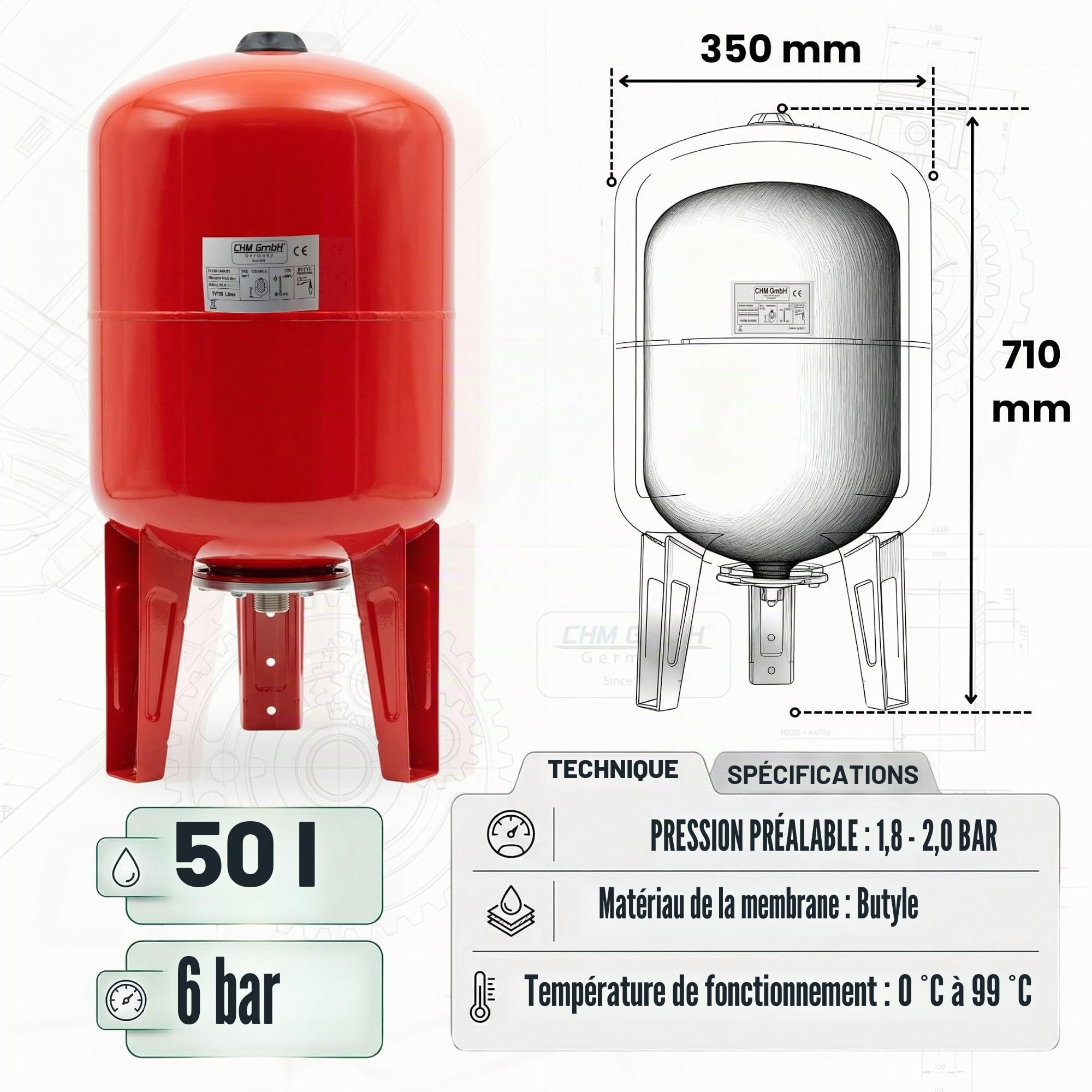 Chaudière à membrane verticale de 50 l, réservoir en acier, chaudière sous pression max. 6 bar Vase d'expansion debout
