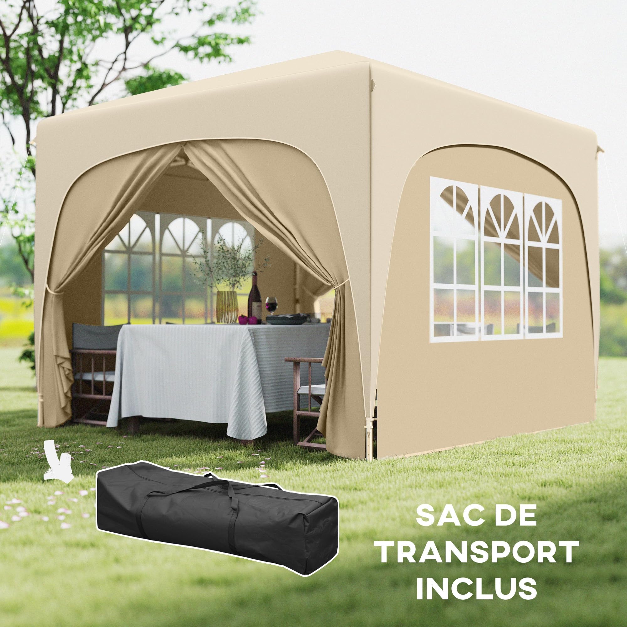 Outsunny Tonnelle de Jardin Exterieur 3 x 3 m Pop Up Pliante Sable | Hauteur Réglable, Sac de Transport Inclus, Protection UPF50+, Barnum Pliant, Camping, Festival, Patio