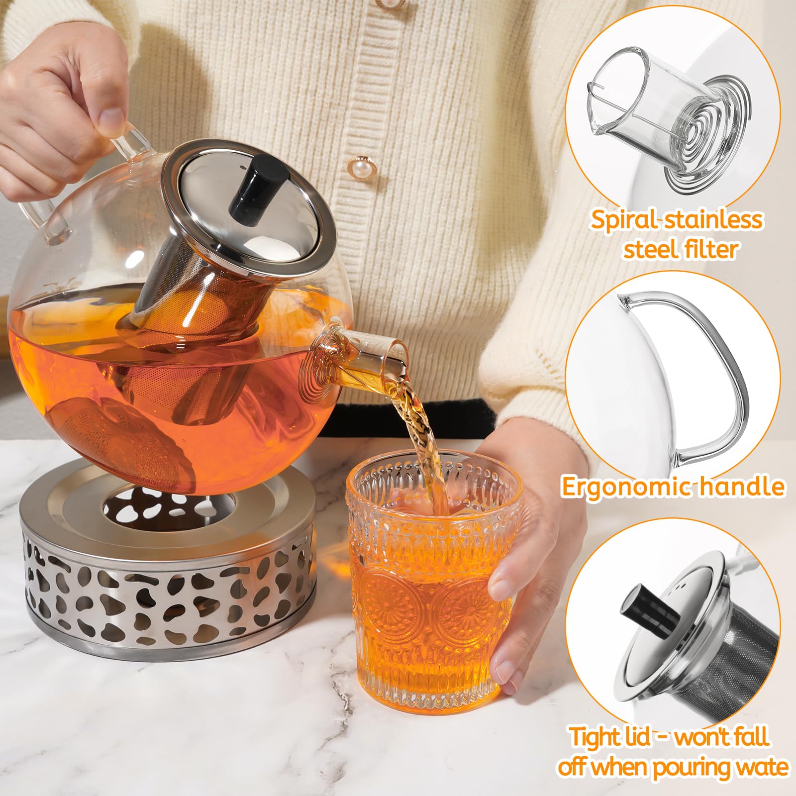 Teiera con Infusore 1,6 litri, Teiera Vetro Trasparente Riscaldabile con Filtro Rimovibile in Acciaio Inossidabile, Adatto per tè Profumato, tè Verde, tè Nero (Théière)