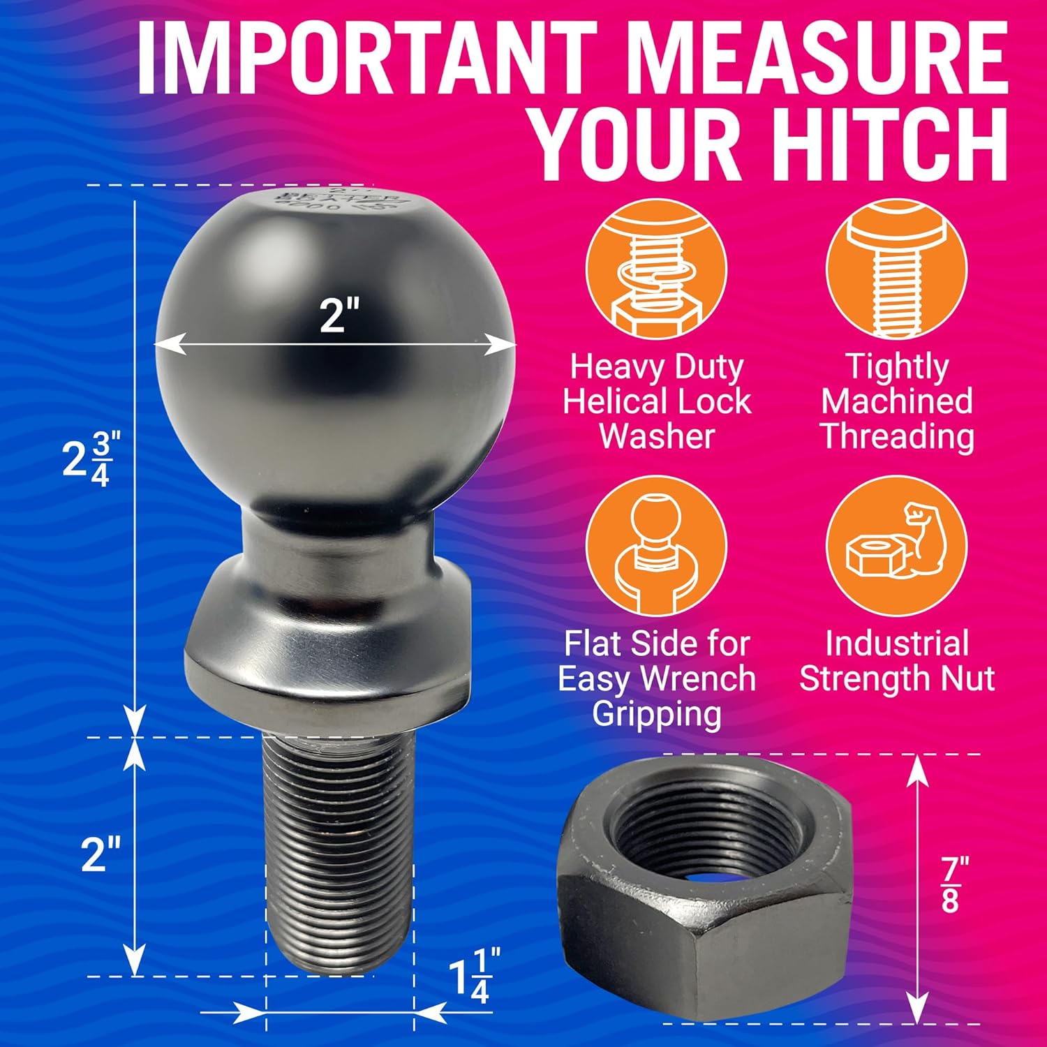 2 Inch Trailer Ball Hitch, 10000lbs Capacity, 1 1/4" Shank Diameter, 2" Long, Marine Grade Tow Ball for Boats or Towing