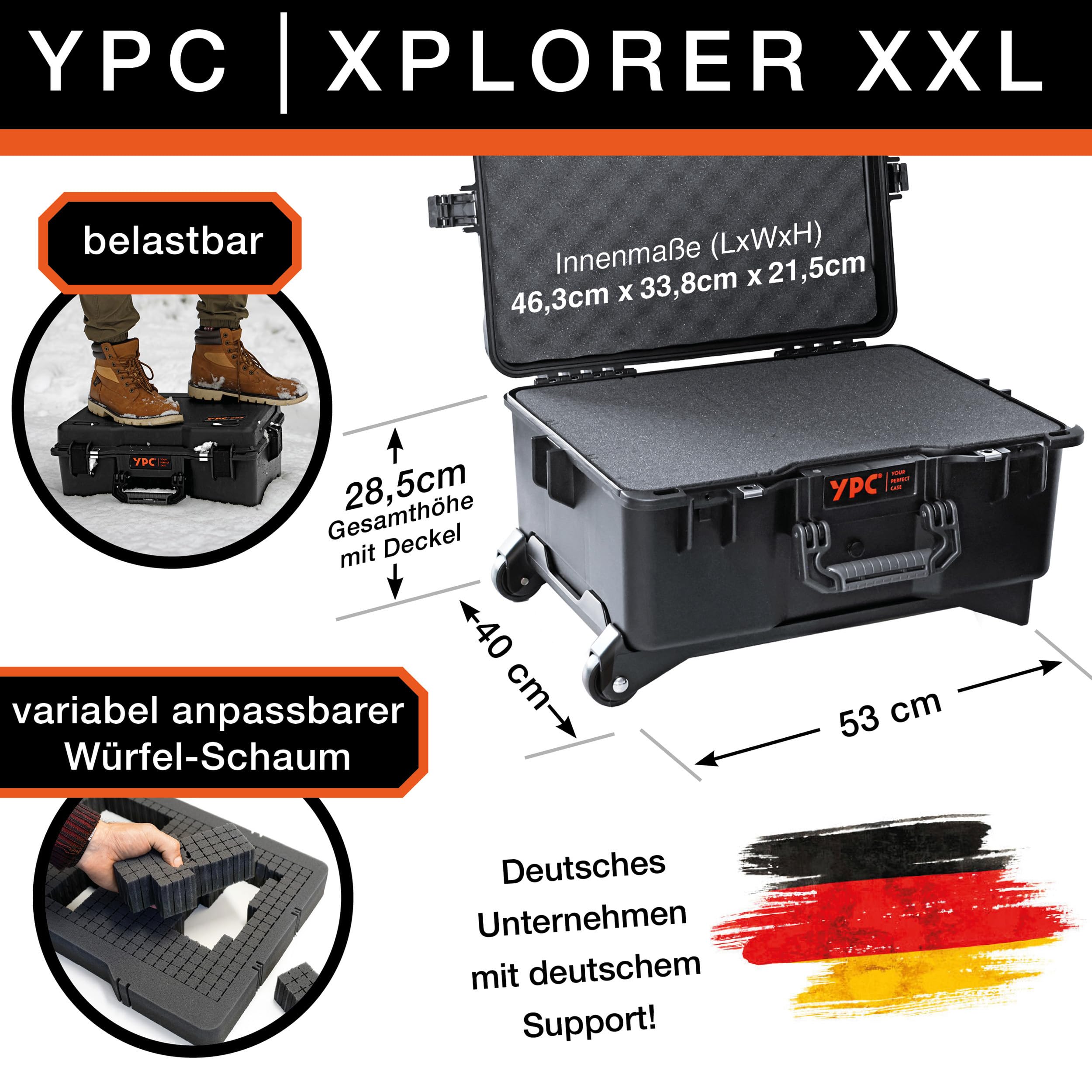 YPC Xplorer Case XXL – 53cm x 40cm x 28,5cm Trolley Outdoor Case, Fotokoffer Schaumstoff wasserdicht, Kamera Koffer Hardcase, Transportkoffer für Drohne, stapelbar