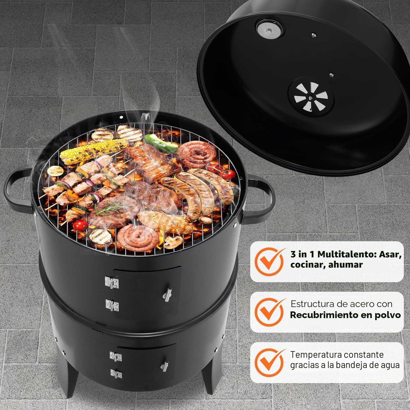 Barbacoa ahumadora, diámetro de 41 cm, gran barbacoa para exteriores con termómetro y 6 ranuras de extracción, barbacoa de carbón vegetal para camping, pícnic, jardín y cocina al aire libre