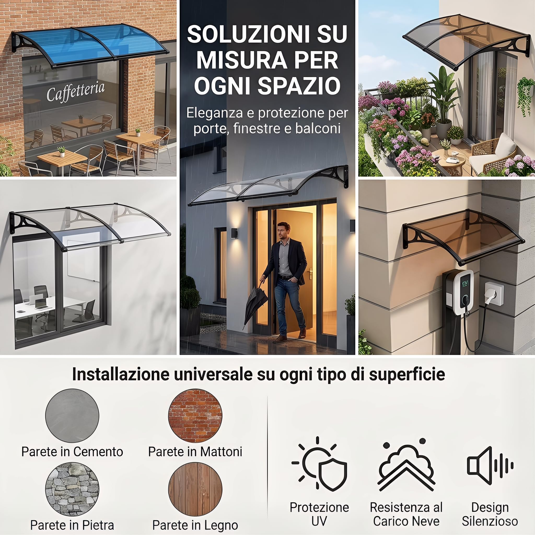 120x200cm pensilina da esterno【ERRTSDB tettoia, Grigio Argento+Verde】Protezione UV, Pioggia, Modulare con Groove di Scarico per Porte Balcone Finestre Elegante E Resistente