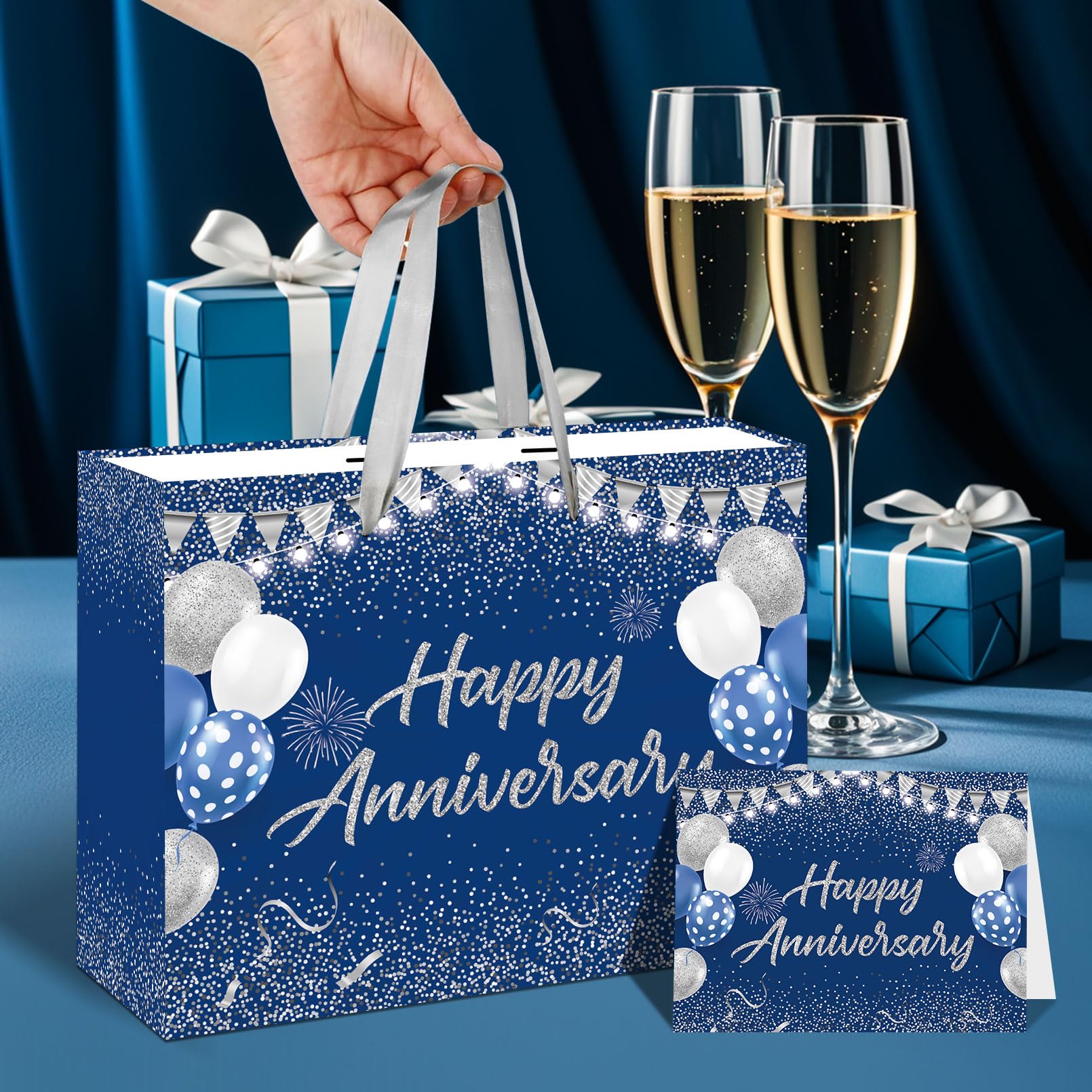 Blue Silver Party Gift Bag with Tissue Papers and Card, Wedding Paper Gift Wrapping Paper Bag11.8'' for Men Women Anniversary Party, Wedding Party Supplies