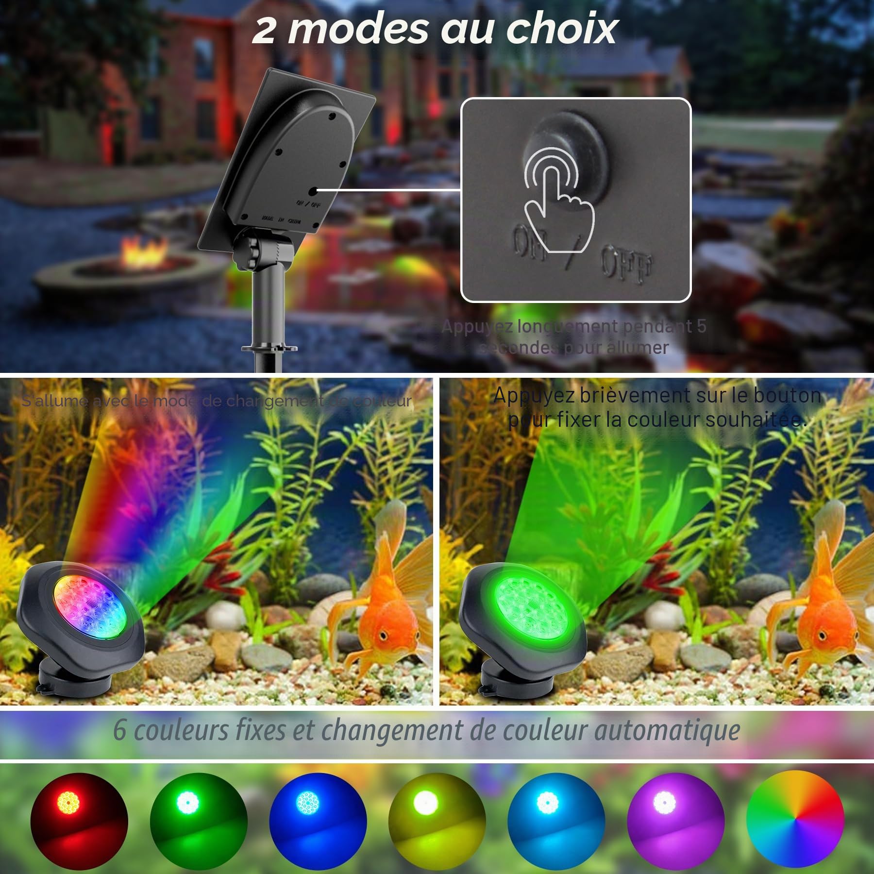 NATPOW Lampes Solaire de Bassin RGB, 5.5V Changement de Couleur Eclairage Solaire Bassin, 6 Couleurs Lampe Solaire, Étanche IP68 Lumiere Bassin Immergée pour Aquarium, Fontaine, Étang, Jardin, 5 en 1