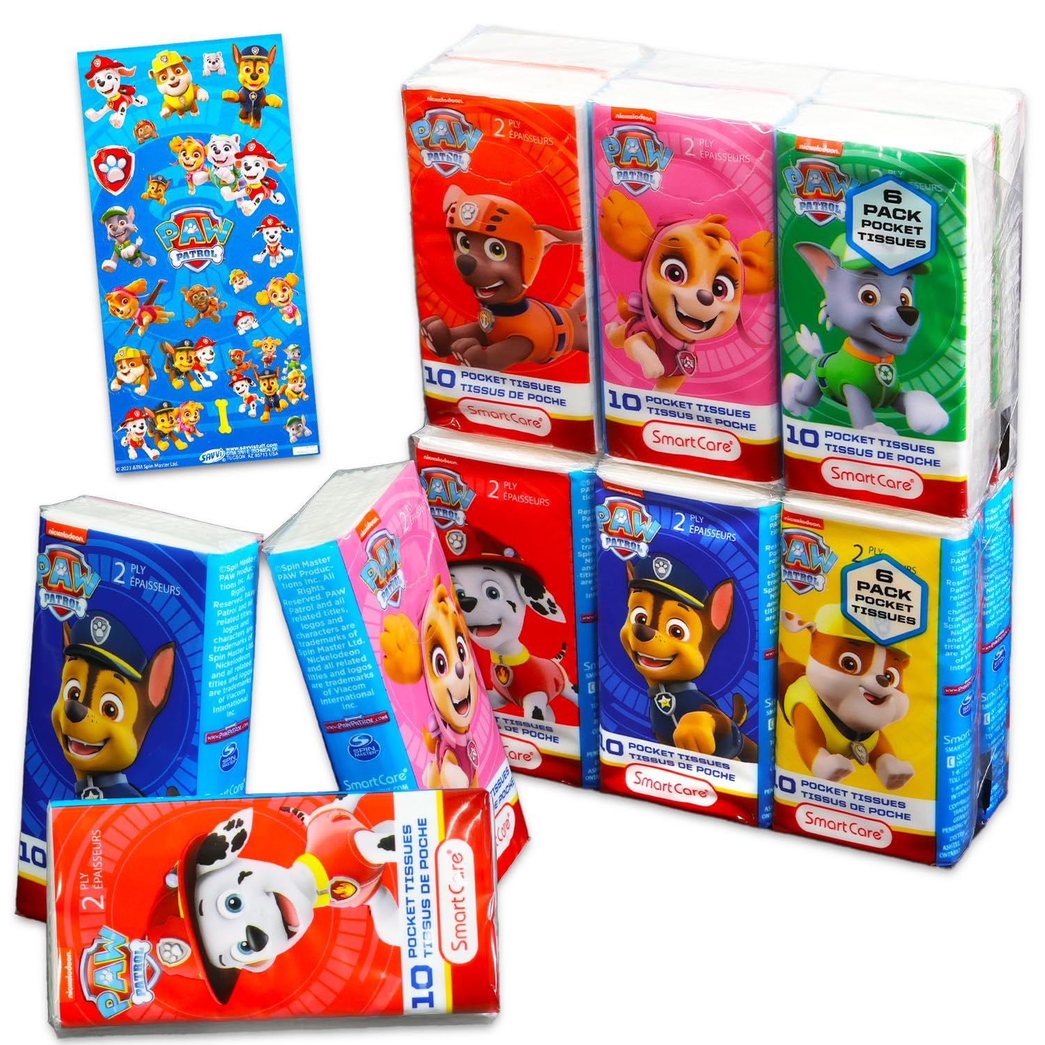 Paw Patrol Pocket Size Facial Tissues Set - 12 Packs of 10 Sheets (120 Sheets) Plus Stickers, Door Hanger | Paw Patrol Disposal Tissues for Travel, School, Classroom