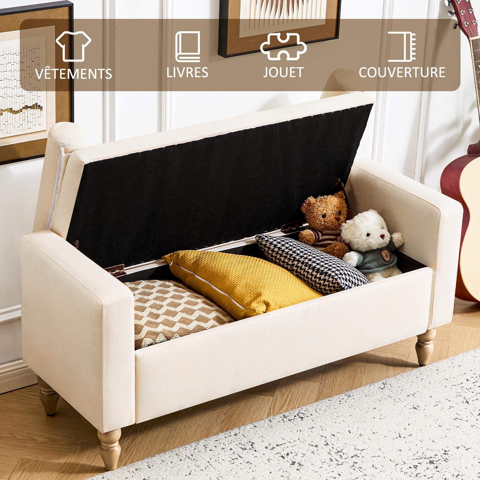 Hellove Panca Contenitore con Cuscini Rimovibili, 116 cm Panca da Ingresso in Lino con Gambe in Legno Massello, Cassapanca Fondo Letto per Camera da Letto, Soggiorno e Ingresso, Beige