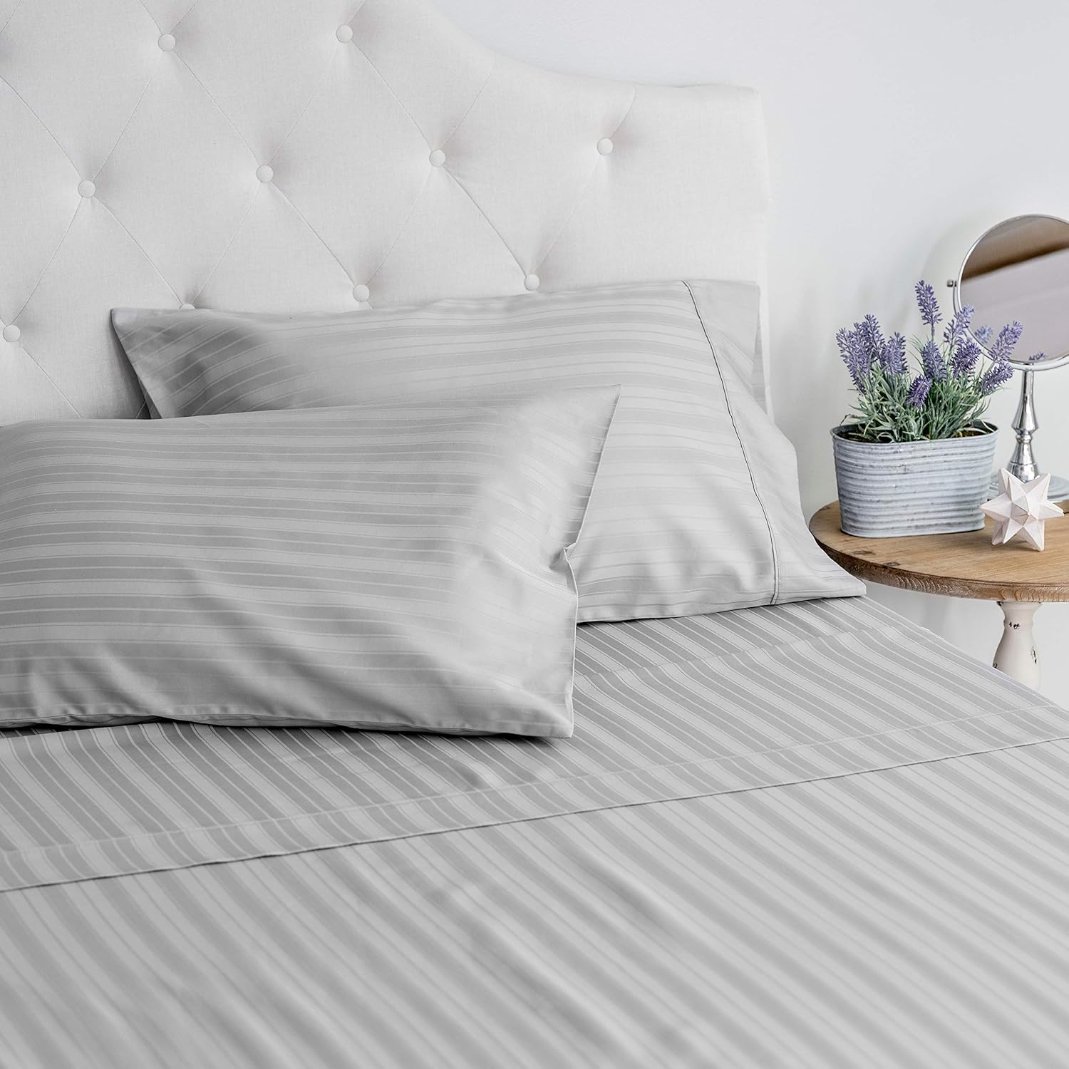 Welhome 500 Thread Count King Size 100% Cotton Striped Sateen Sheet - Set of 4 - Breathable - Soft - Deep Pocket - Easy Fit - Storm Cloud