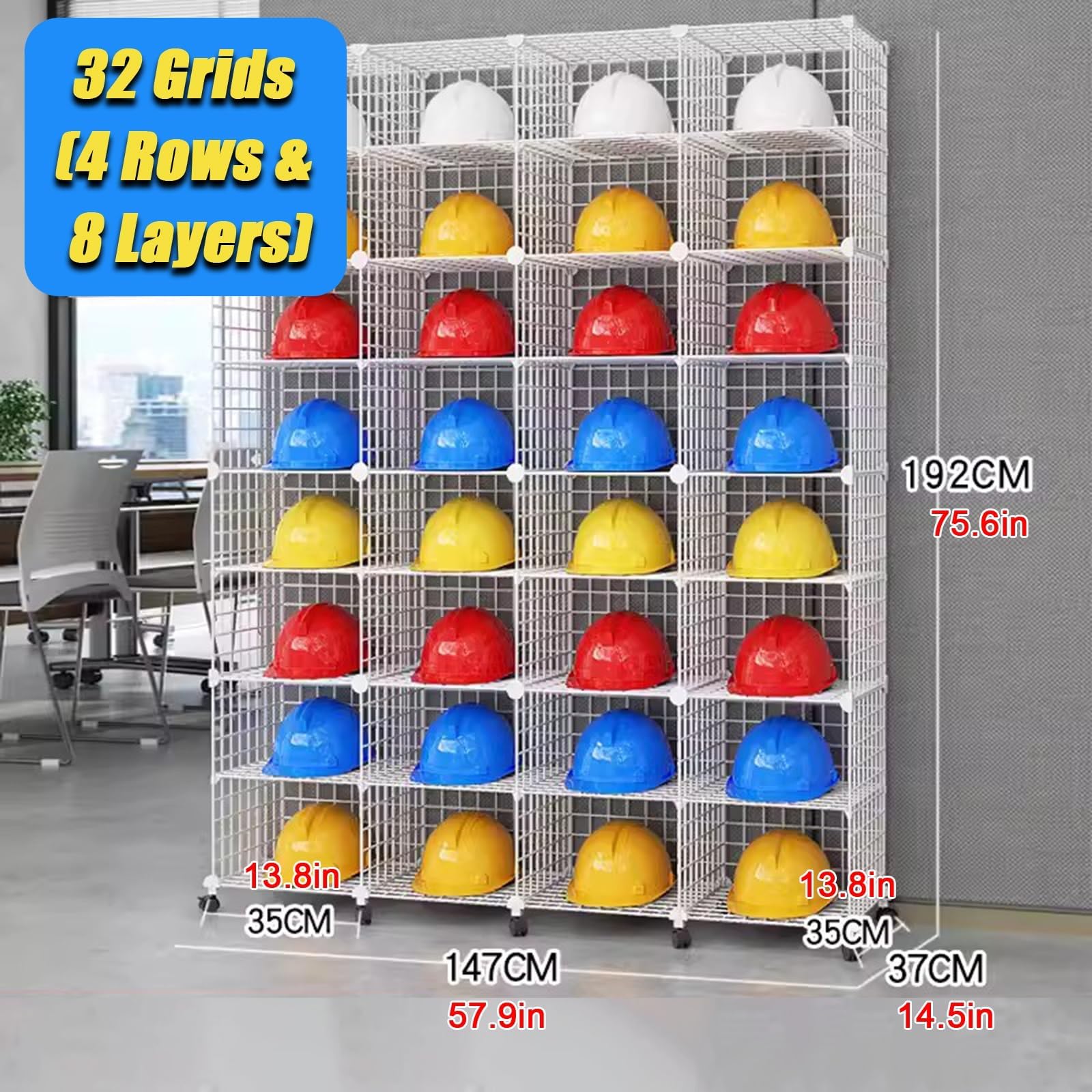 Grand support de rangement réglable à 32 compartiments pour casque de sécurité, boîtes de rangement empilables avec roues pour chantiers de construction, atelier, magasin de vente au détail