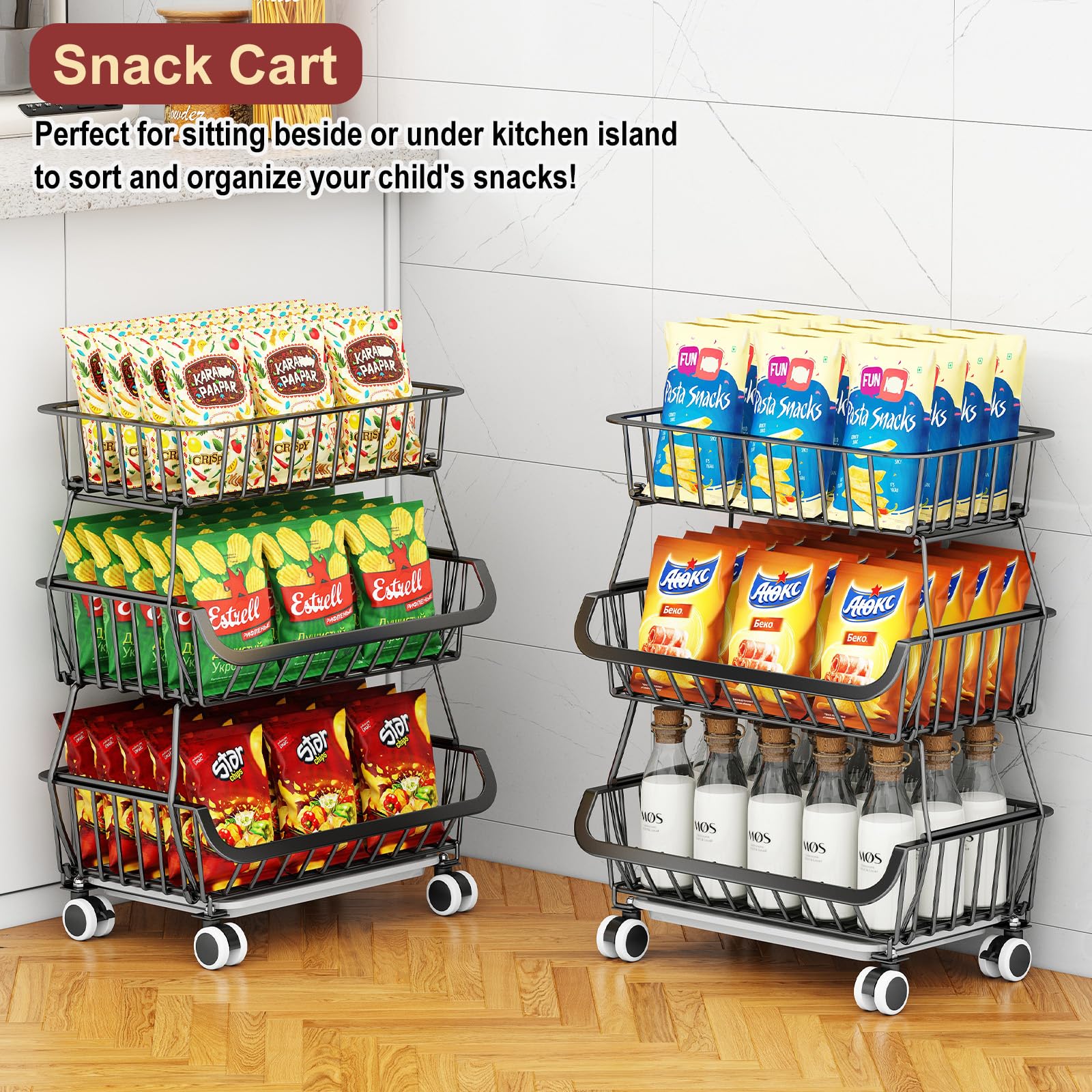 Carrito de despensa rodante de 3 niveles con ruedas, organizador de piso de almacenamiento de alambre apilable para estantes de cocina, despensa, soporte de cesta de frutas, estante de
