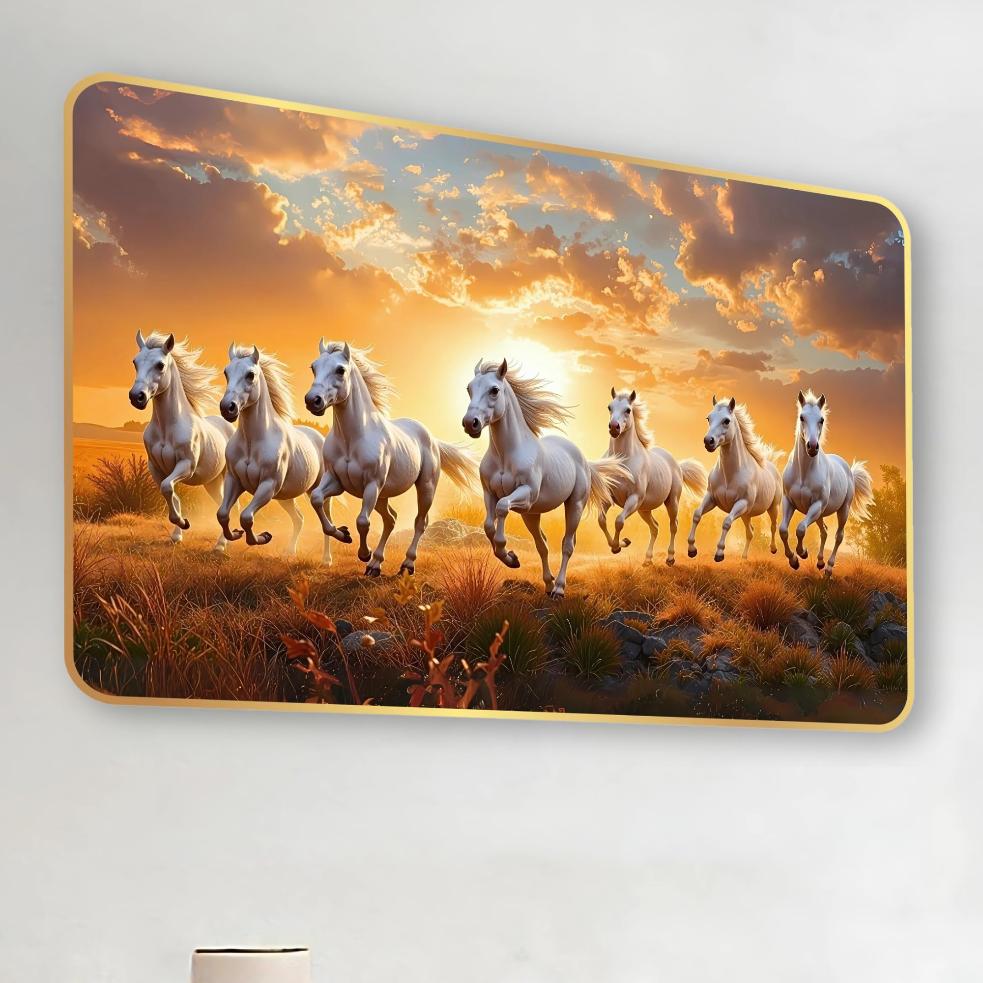 Arkasto 7 Running Horses MDF Wall Art 12x18 Inch | Golden Border Vastu Painting for Home & Office Décor | Modern Elegant Wall Hanging Frame for Living Room, Bedroom (Design 1)