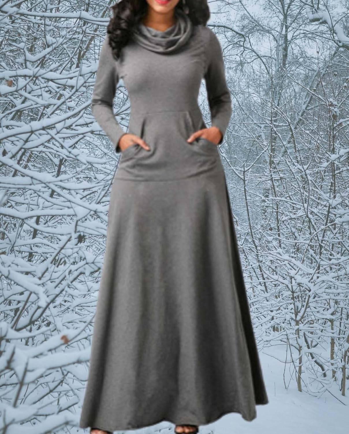 Turtleneck Maxi Dresses for Women Fall Winter Long Sleeve Solid A Line Plus Size Flowy Swing Maxi Dress with Pockets - Image 5