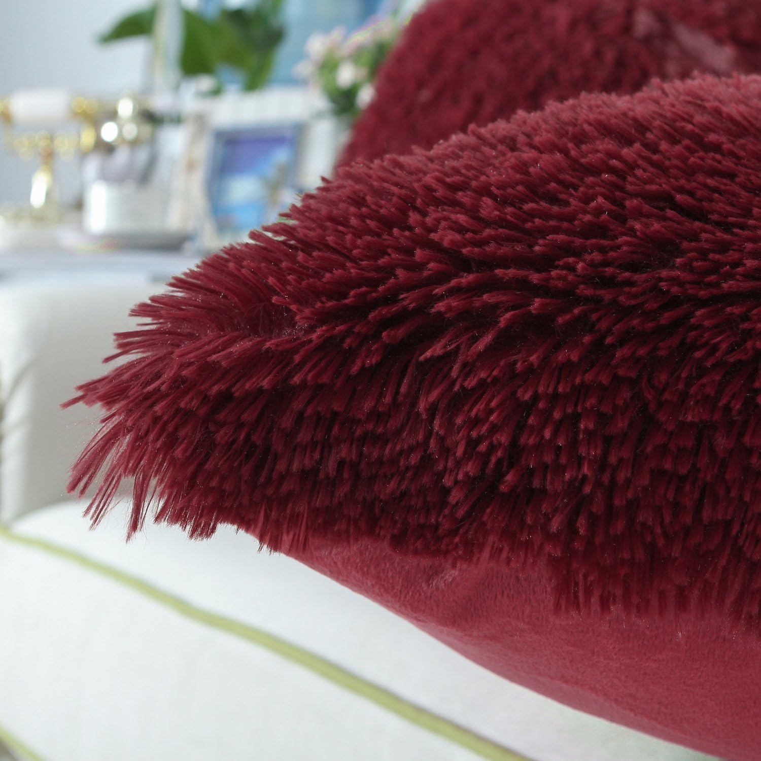 CaliTime Pack of 2 Super Soft Throw Pillow Covers Cases for Couch Sofa Bed Solid Plush Faux Fur 18 X 18 Inches Burgundy