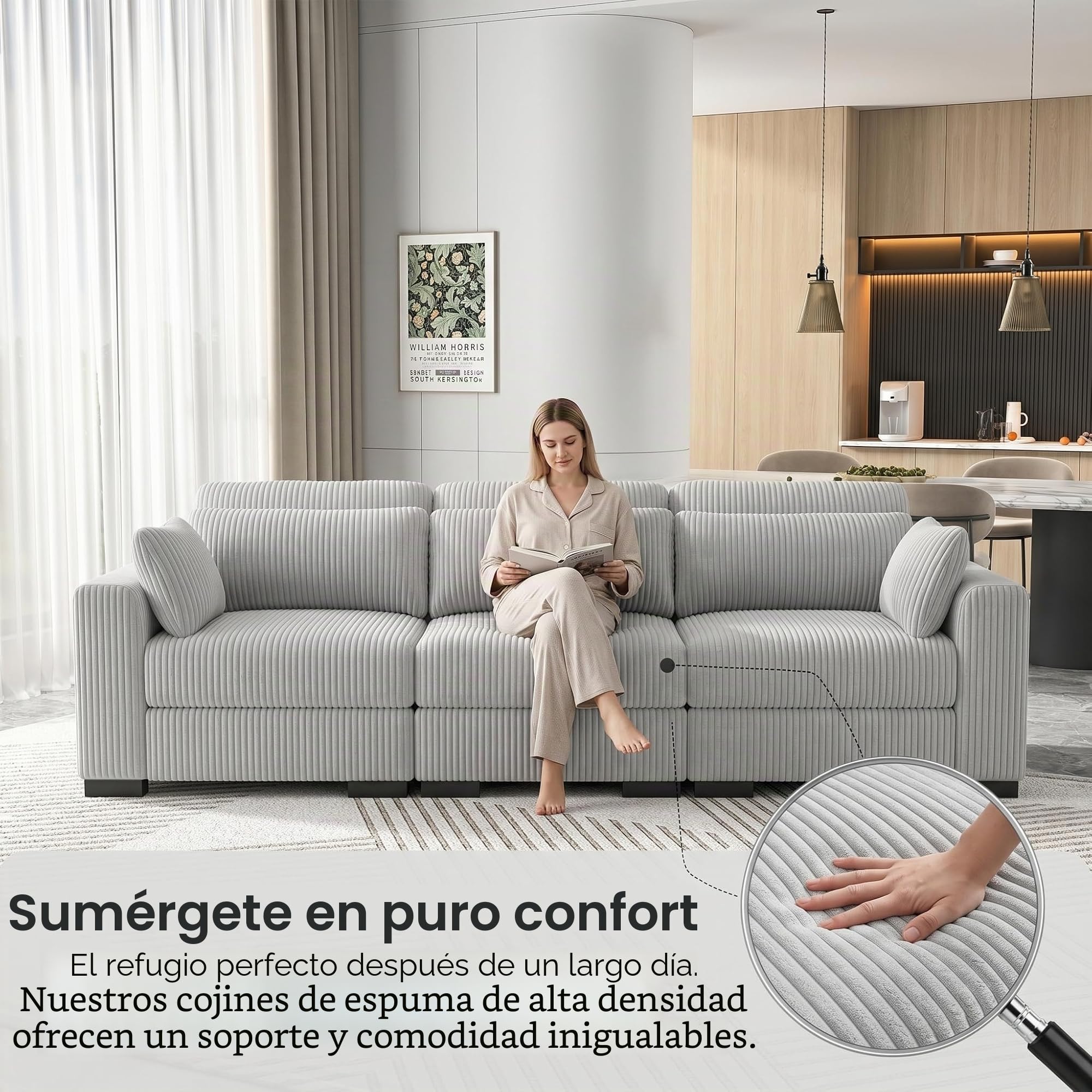 Sofa de 3 Plazas,Sofá Acolchado Sofas de Salon Cheslong Sofa Cama Chaise Longue Sofá Modular Suelo Sofás en Forma de L de Pana con Cojín Y otomano (Gris, 3 plazas+1 reposapiés)