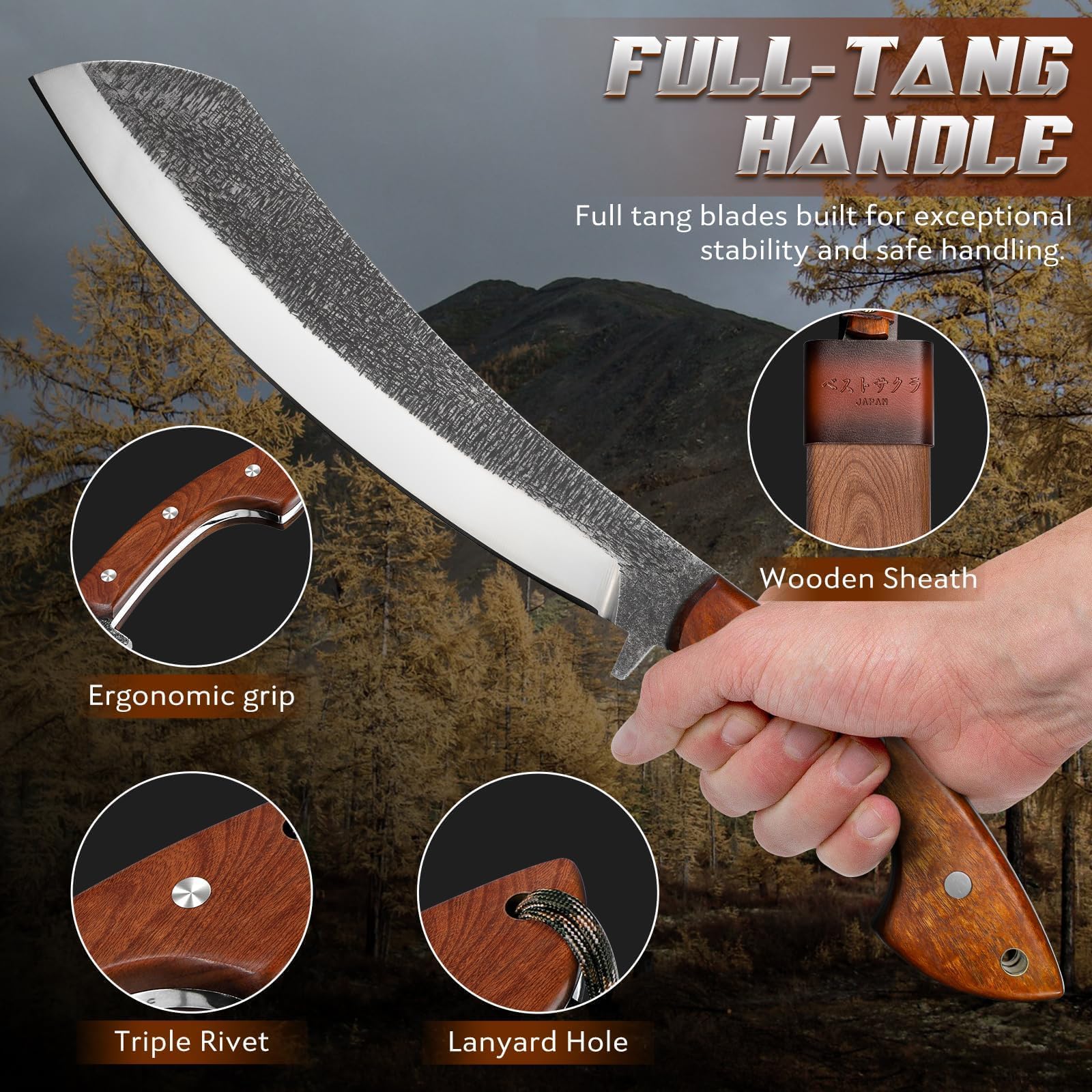 Golden Bird Outdoor Messer Survival Machete Großes Full Tang Design mit Holzgriff und Eichenholz-Scheide – Präzise Bushcraft Messer für Camping, Gartenarbeit und Überlebenssituationen- Geschenke