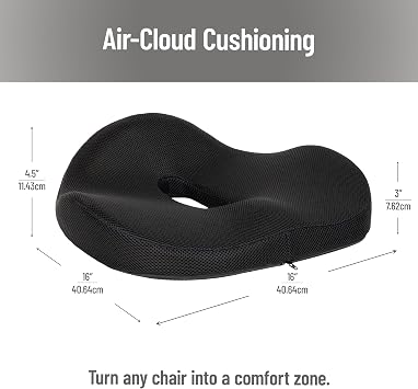 Mind Reader Donut Pillow with Air-Cloud Technology, Ergonomic Memory Foam Seat Cushion for Tailbone, Hemorrhoid, Pregnancy & Lower Back Pain Relief, Washable Cover, Black
