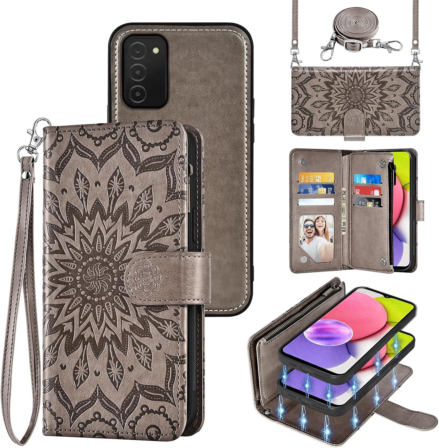 Phone Case for Samsung Galaxy A03s US Version 5G 2022 Zipper Wallet Magnetic Detachable Cover with Screen Protector Crossbody Lanyard Strap Flip Card Holder Slot Ao3s A 03s SM-A037U SM A037U Gray