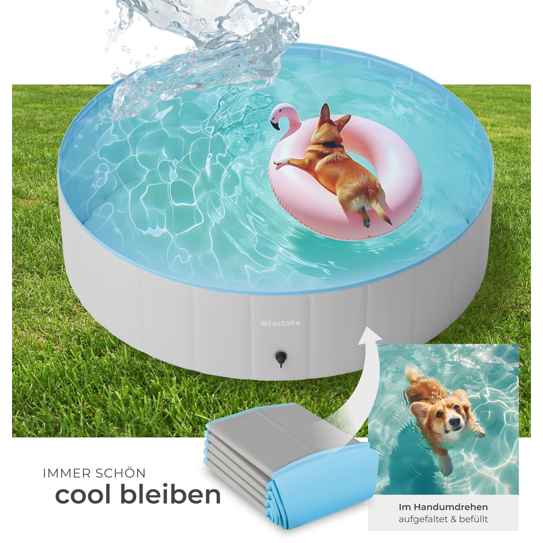 tectake® Swimming Pool, nutzbar als Planschbecken oder Bällebad für Hunde, Faltbare Badewanne, Hundepool, Hundewanne, Aufstellpool, Swimmingpool, Hundebadewanne, Bällebad Hunde - 120cm ⌀