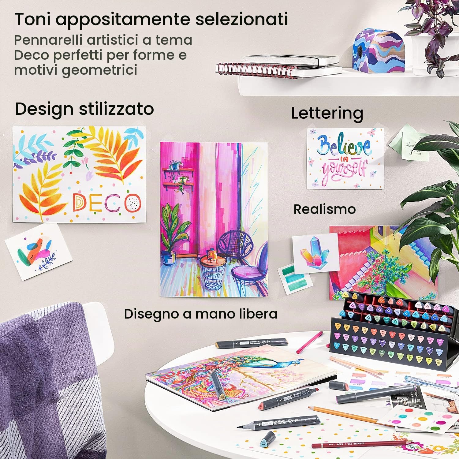 ARTEZA Art - Pennarelli per alcol, set di 36 colori, toni deco, scalpello medio e punta per pennello, forniture artistiche per disegno e schizzi