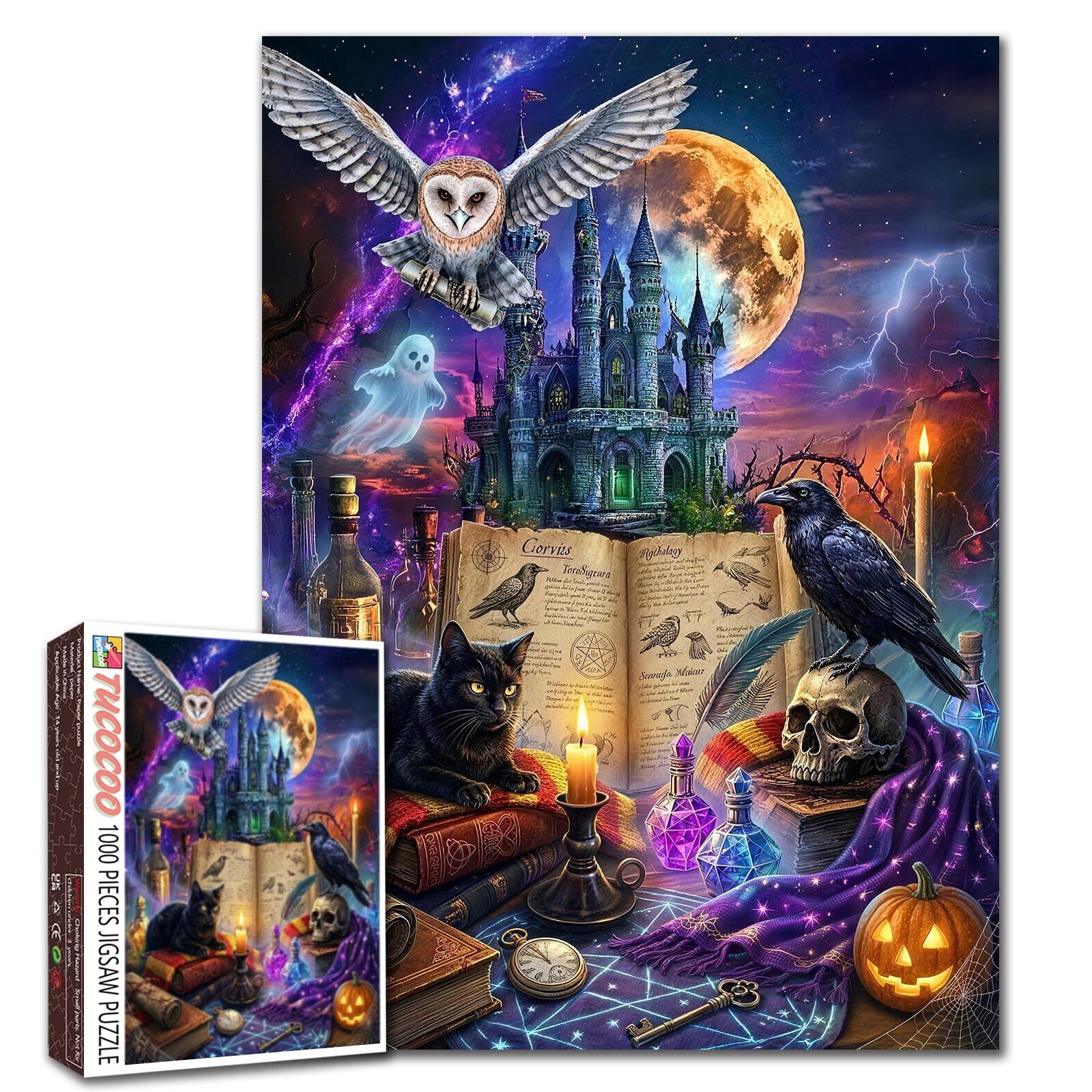 Enchanted Raven Spellbook Jigsaw Black Cat Puzzle Halloween Owl 1000 Pieces Puzzles for Adults Beginner Gothic Style Picture Challenging Family Activity Games DIY Crafts Puzzle for Home Decor Gifts โ image 1