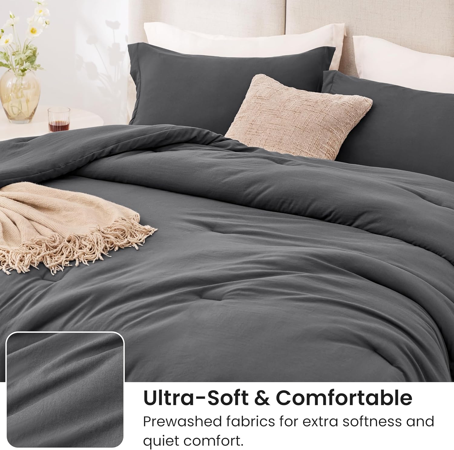 Love's cabin Dark Grey Queen Comforter Set, 3-Piece Prewashed Bed Set with 1 Comforter (90 x 90 in) & 2 Pillowcases, Lightweight & Breathable for All Seasons | Soft, Breathable, Lightweight, Comfortable