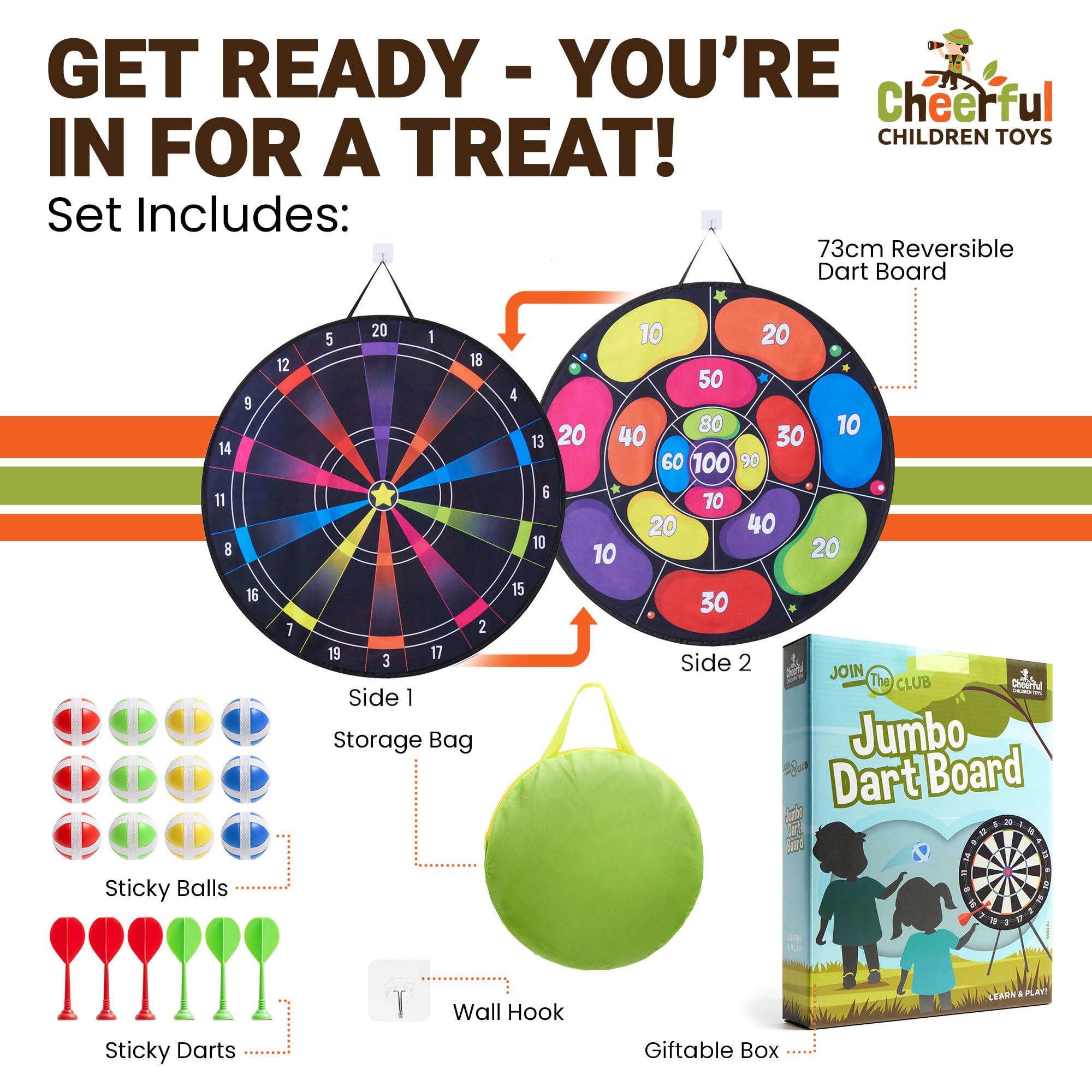 Cheerful Children Toys Jumbo Kids Dart Board Set XL or XXL, Large Dart Board with Reversible Designs - Image 2