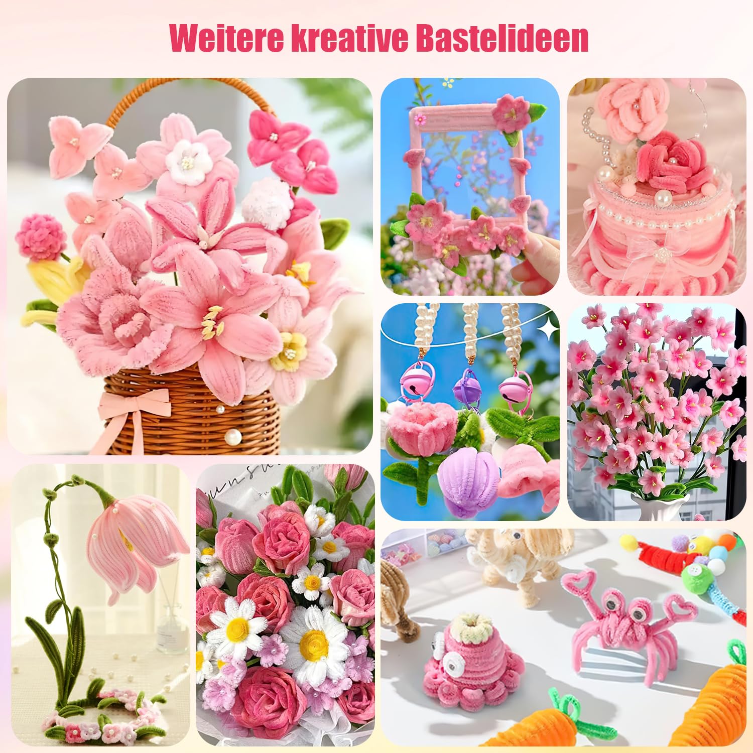 Fil Chenille Rose 500PCS Cure Pipe Chenille Loisir Creatif 5 Couleurs Pipe Cleaners avec Étamines Floratape et Tige Fleur Artificiel pour Fournitures de Bouquet de Fleurs et de Décoration DIY