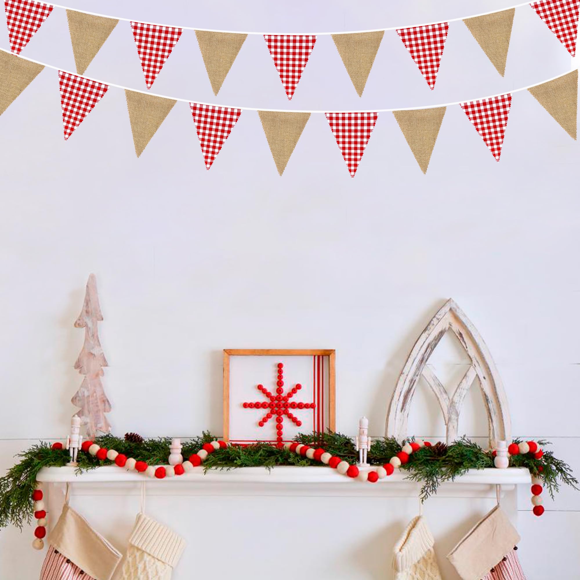 Bannière De Fanions Triangulaires Toile De Jute Rouge Et Blanc | 12 Pièces, Longueur Totale 3.2 M | Pour Anniversaire, Pique-nique, Décoration Extérieure/Intérieure