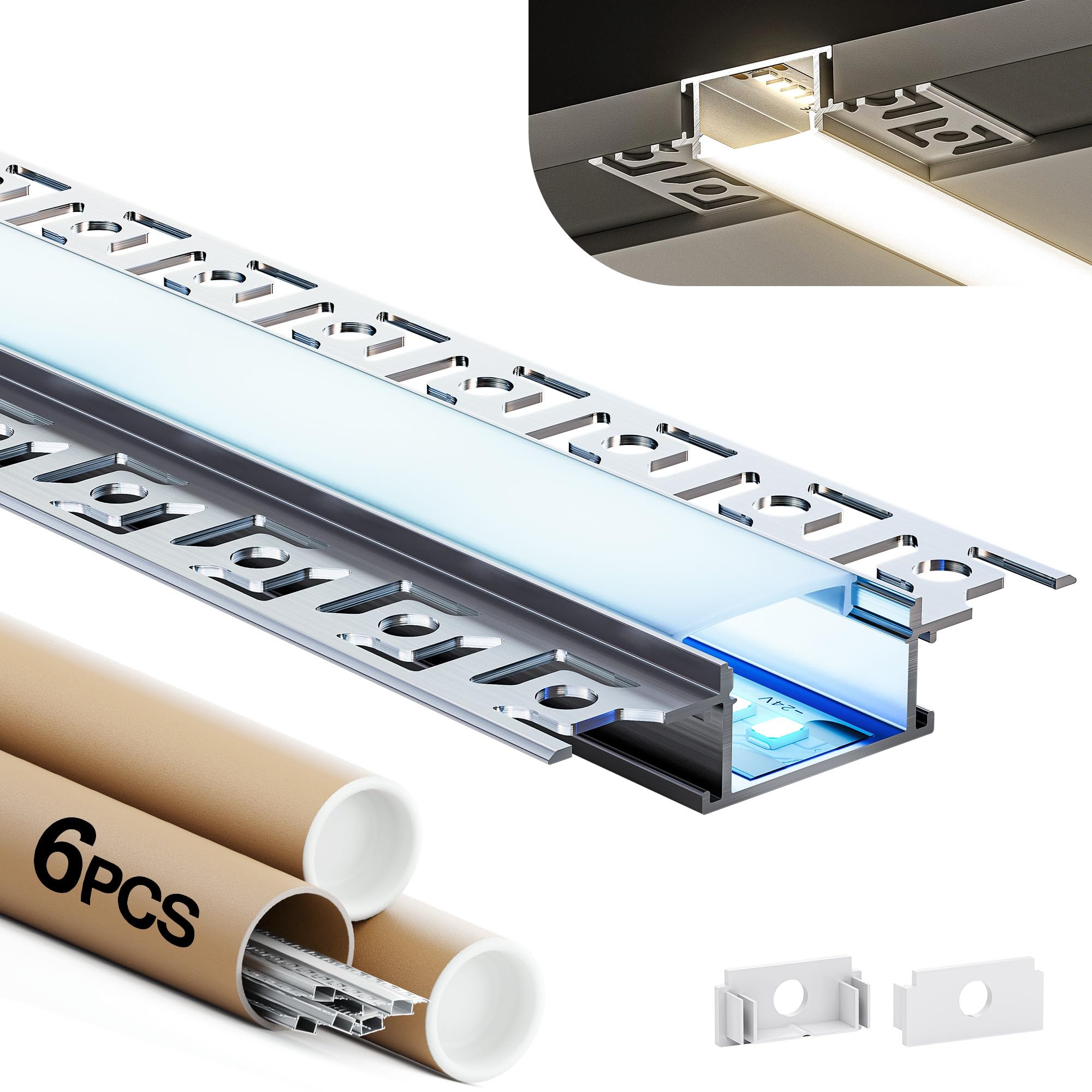 Shine Plus 6 pezzi di profili LED per cartongesso, 2 m – Profilo in alluminio per strisce LED, canale LED integrato con diffusore, ideale per illuminazione indiretta di soffitti e pareti.
