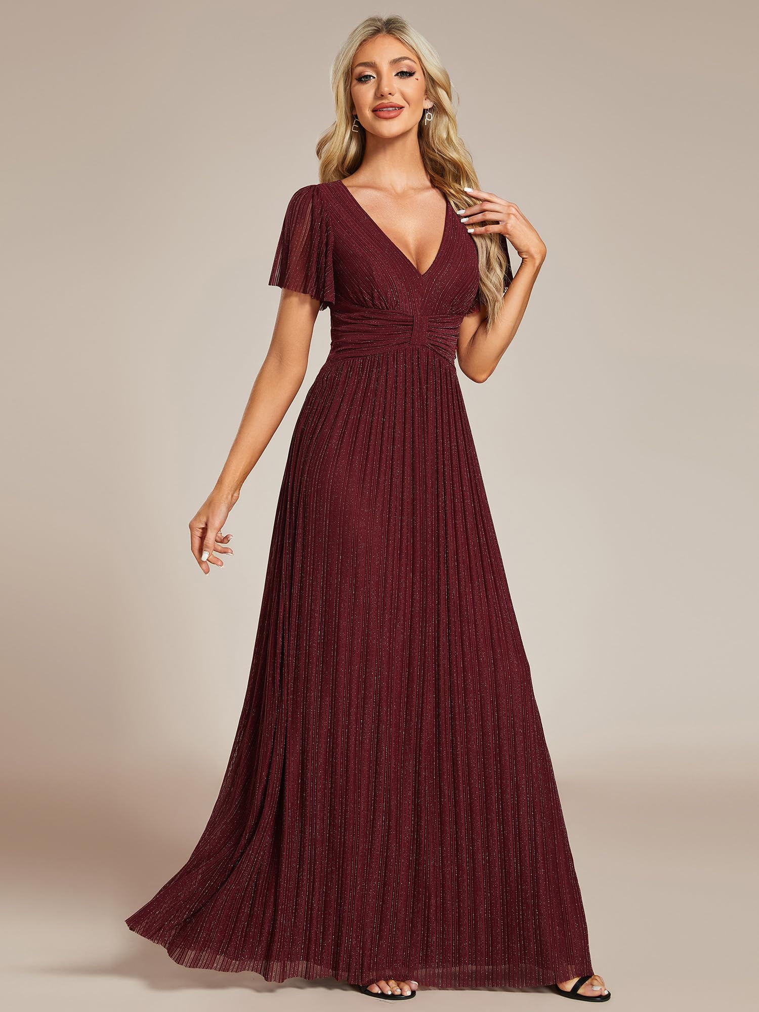 Ever-Pretty Kleid Elegant Damen Festlich Lang Ballkleid Maxi Hell Abendkleider Elegant für Hochzeit A Line Kurze Ärmel EE11961