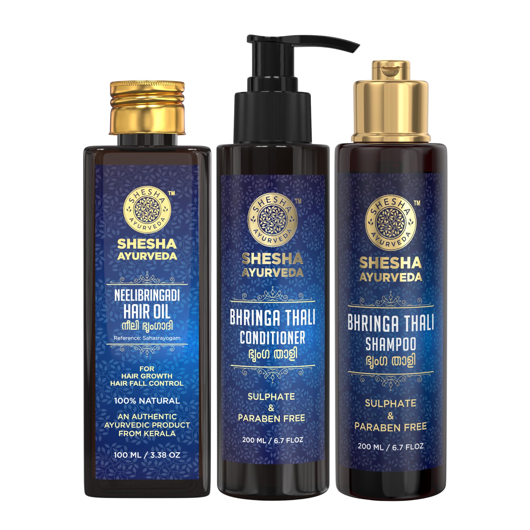 Shesha Ayurveda Bhringa Thali Ayurvedic Shampoo, Conditioner (200ML each) & NeeliBringadi Hair Oil (100ML) Combo Kit (Sulphate & Paraben Free) (Hair Care Combo)