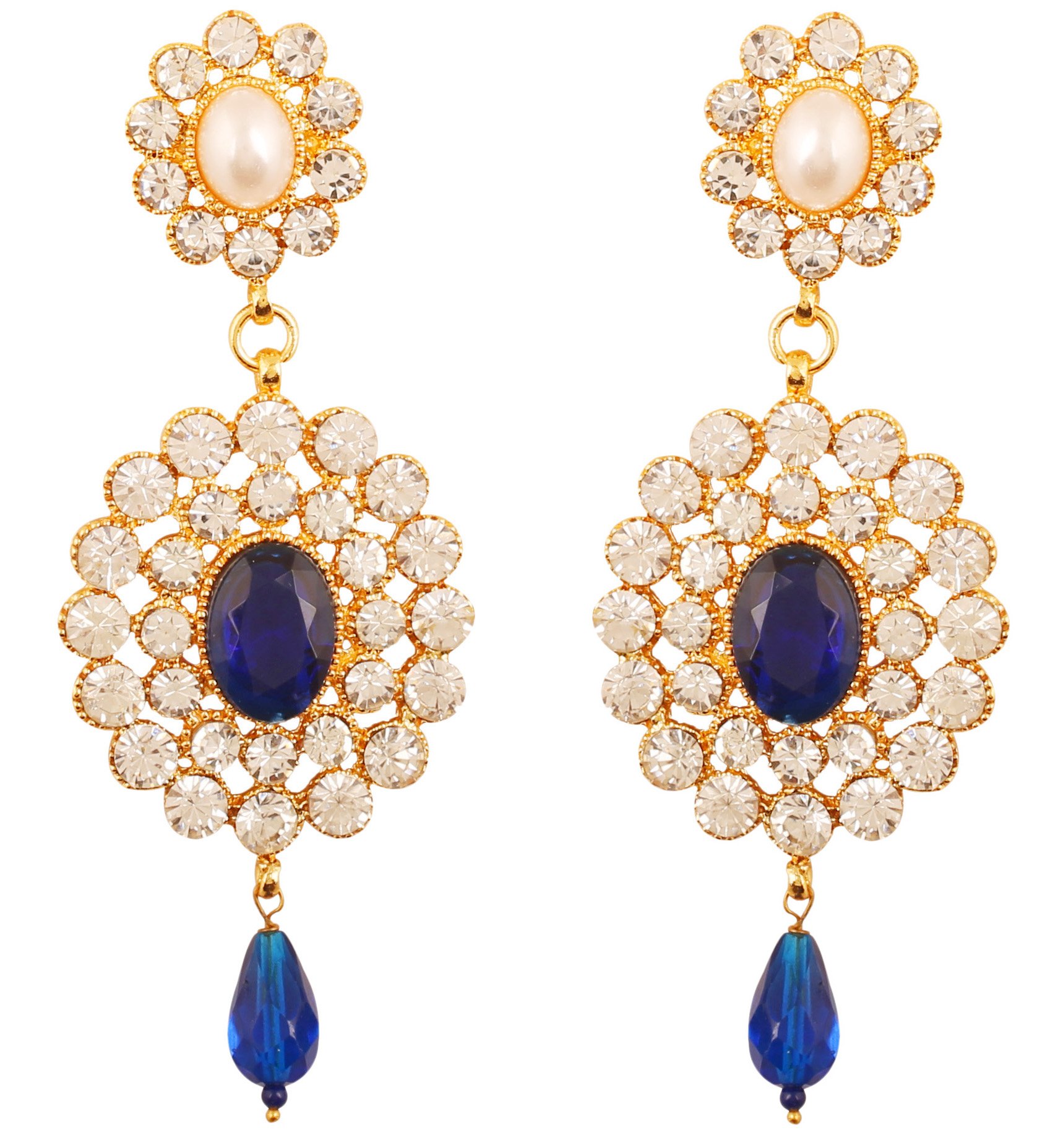 Indian Bollywood Fine Jewelry Inspired Cubic Zirconia CZs studded Designer Jewelry Long Chandelier Earrings In Gold And Silver Tone For Women.