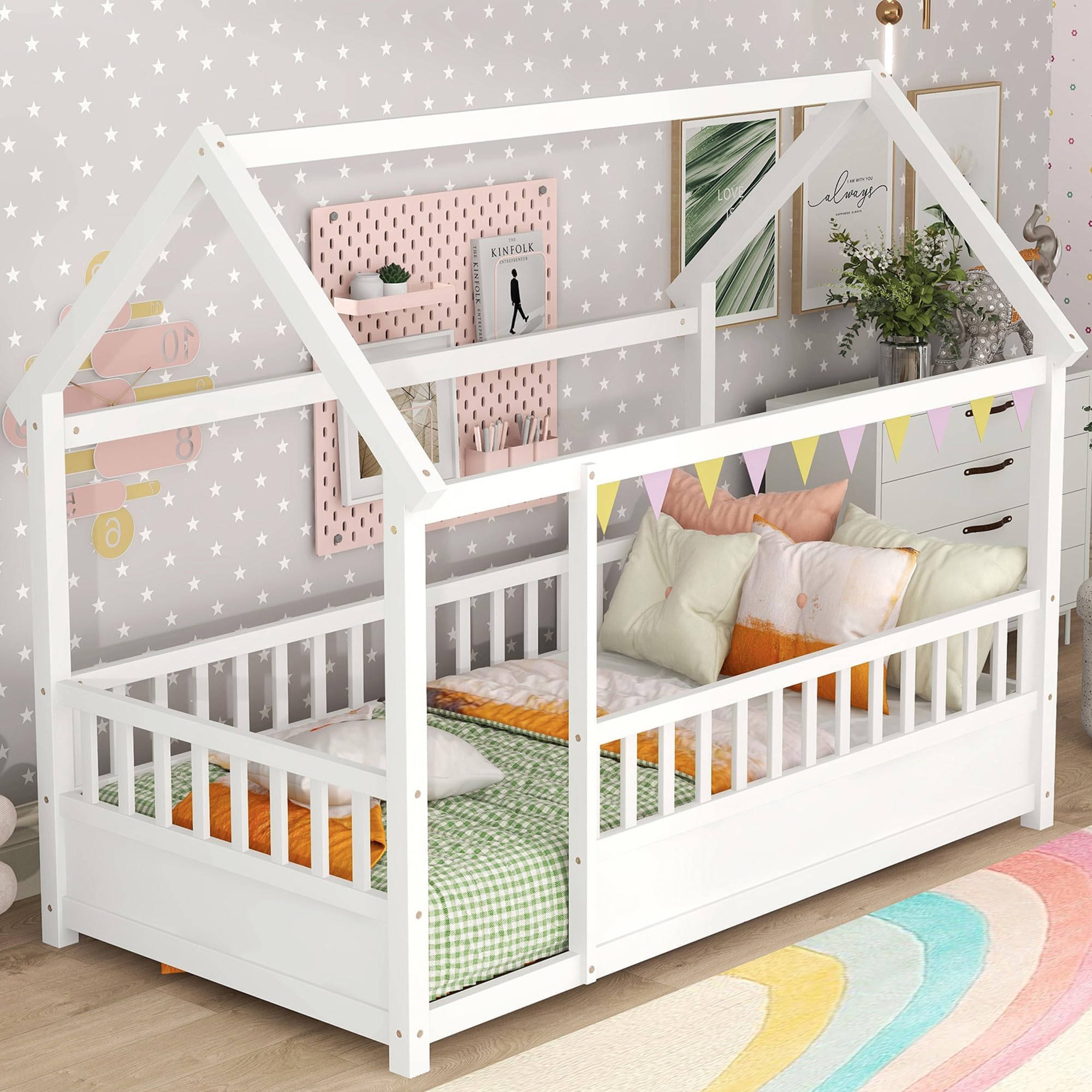 Kids Montessori Bed Twin Size, Twin Floor Bed with High Fence, House Beds for Kids, Girls, Boys, Wood Montessori Floor Beds Without Slats(White Twin)