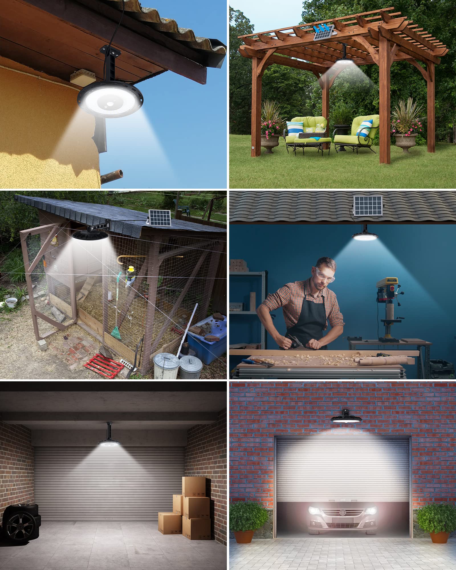 Luci Solari da Interno, Luce Solare da Capannone di Design a Rotazione con 6 Modalità di Illuminazione, Luci Solari a Sospensione 108LED 1500LM IP65 Impermeabili con Telecomando per Garage, Gazebo