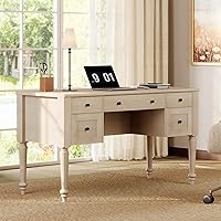 Vista 9 de Escritorio ejecutivo de estilo granja WAMPAT con 5 cajones, escritorio de oficina para el hogar con estación de carga, escritorio de madera