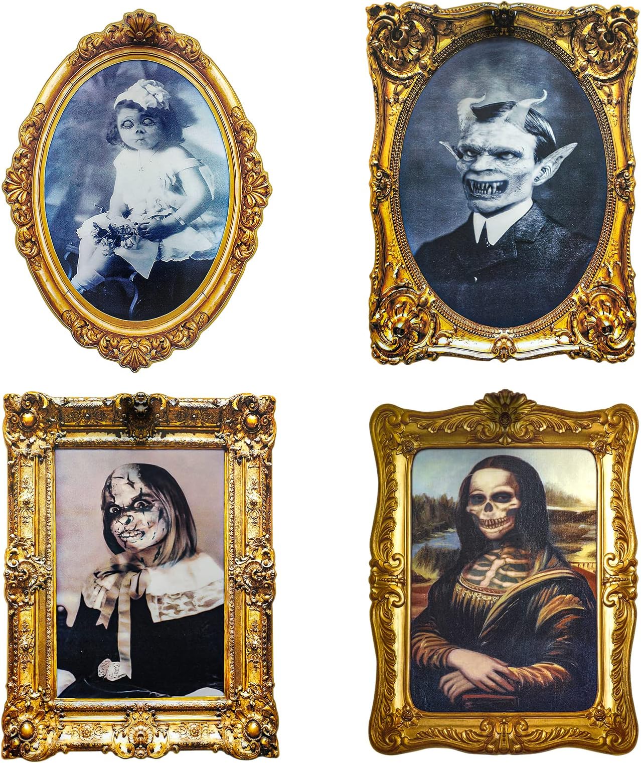 ECGER Halloween Decorations Indoor, Haunted Scary Decor - 3D Changing Face Pictures, Vintage Moving Wall Portraits Frame, For Horror Spooky Party Mansion Castle House Home Decoration(4 Pieces)