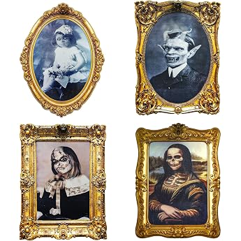 ECGER Halloween Decoration 3D Change Face Horror Pictures Moving Portrait Frame 4 Pack Scary Wall Decor for Party Castle Haunted House Home Indoor Decoration 4 Pack