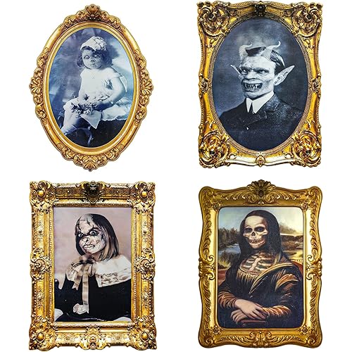 Halloween Decorations Indoor Scary 3d Changing Face Pictures, Moving Portrait Frame Decor, for Horror Party Ghost Castle Haunted House Home Decoration (4 Pieces)